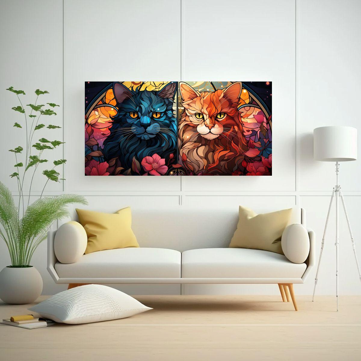 Cuadros Acuarela Ventana Vidriera Gatos Adorables 140x70cm-2