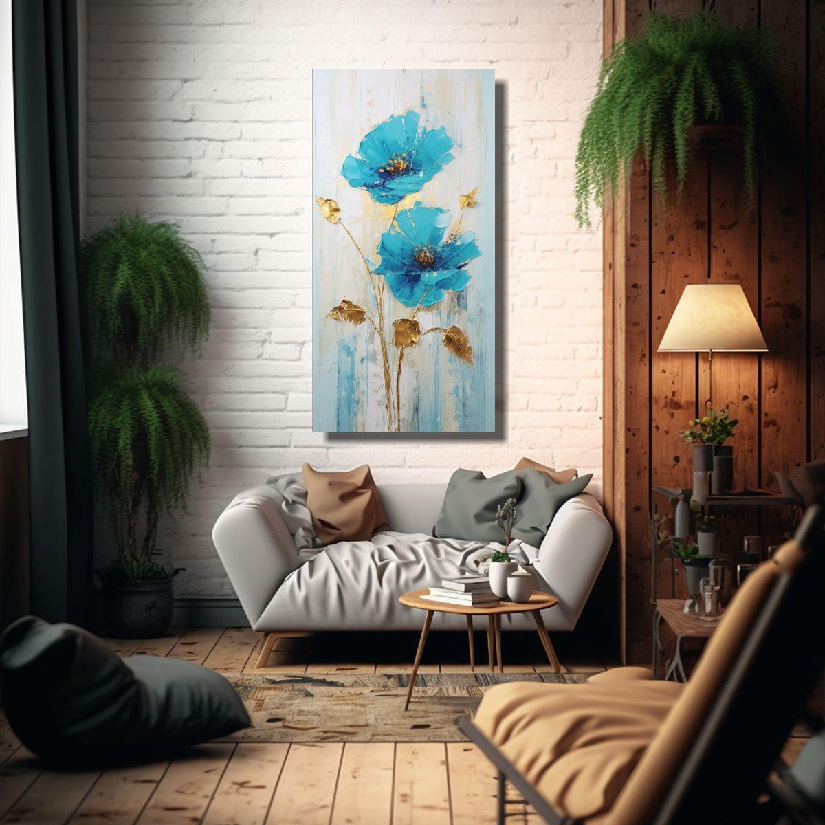 Pintura En Lienzo De Una Flor Azul En El Estilo 20x40cm-2