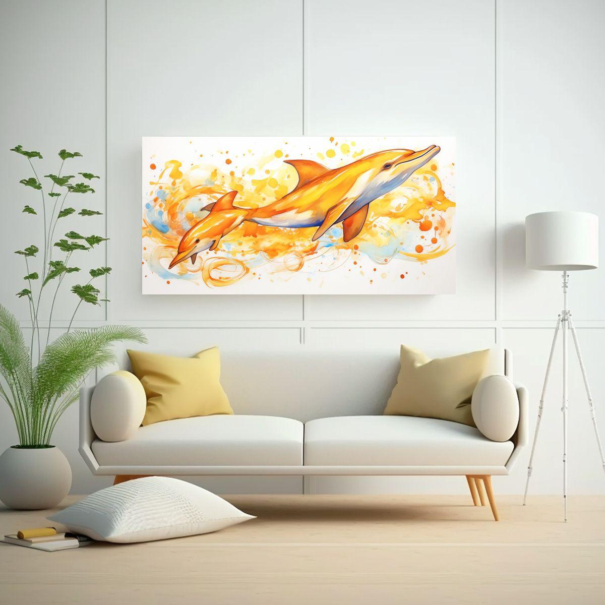 Cuadro De Tela Estética Con Delfines En Tonos 120x60cm-2
