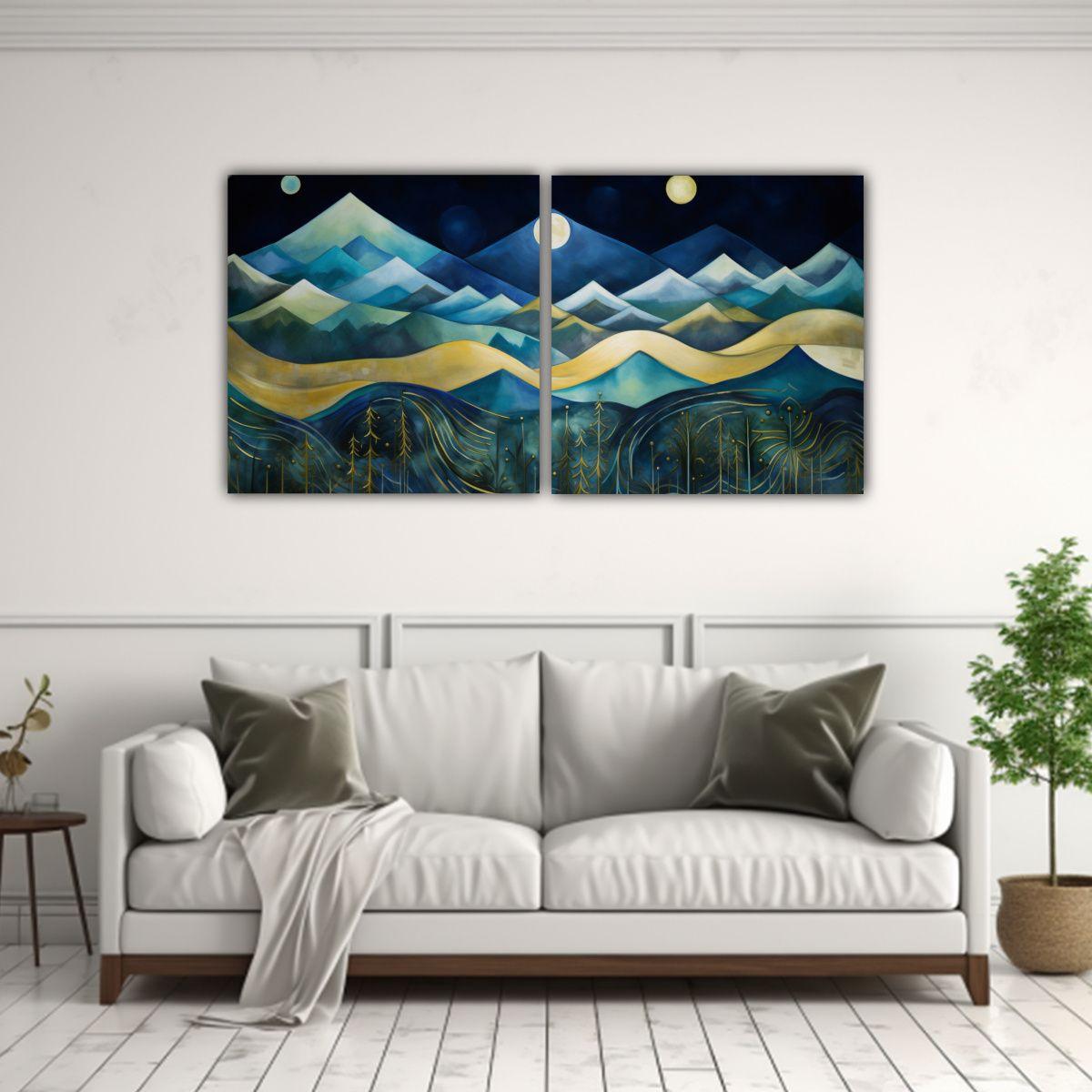 Díptico Paisaje Abstracto De Montañas Nocturnas 140x70 Cm-2