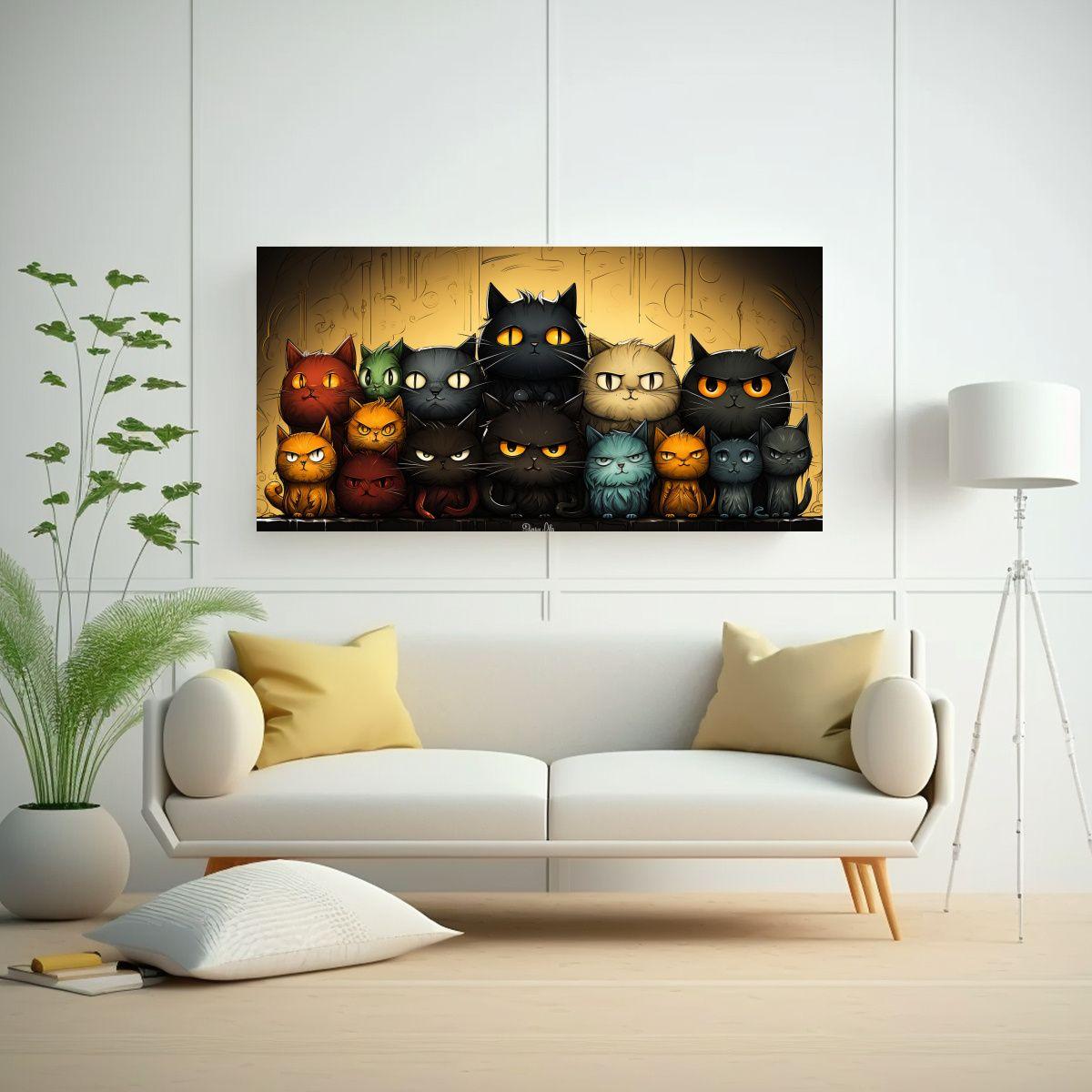 Cuadro Gatos Coloridos Sobre Fondo Naranja 60x30cm-2