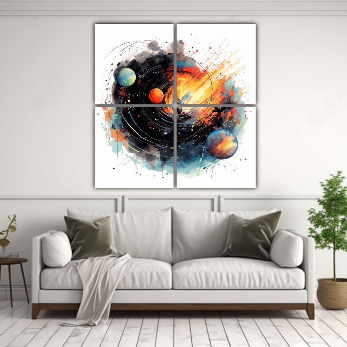Cuatro Telas Bastidor Dibujo Relieve Planetas 100x100 Cm-2