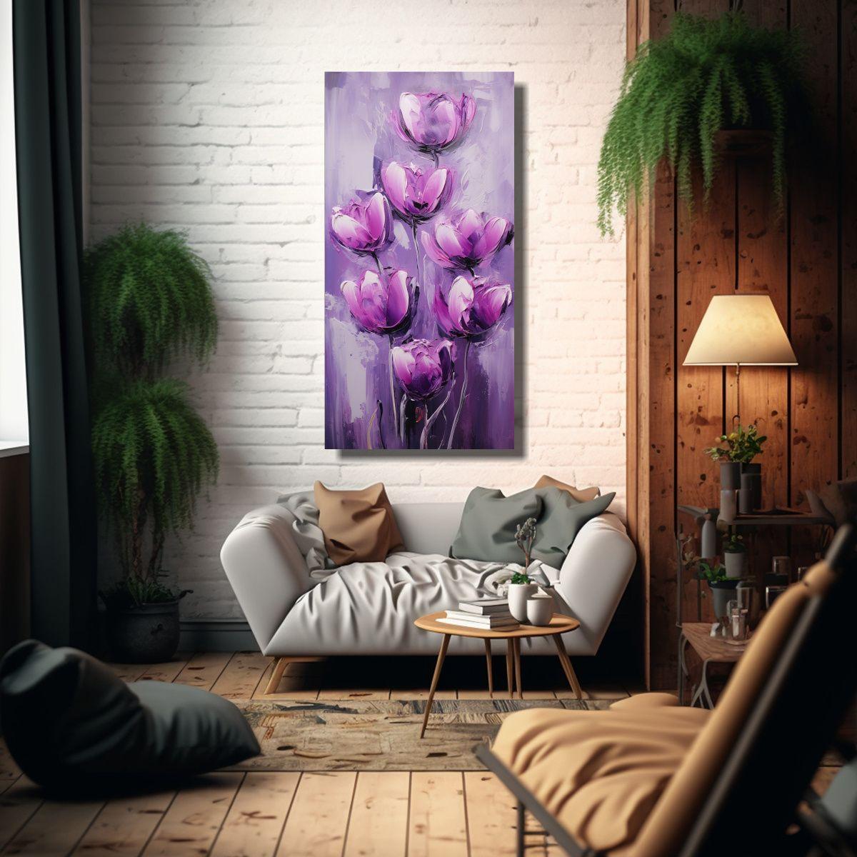 Cuadro De Tulipanes Púrpura En Lienzo Estilo 30x60cm-2