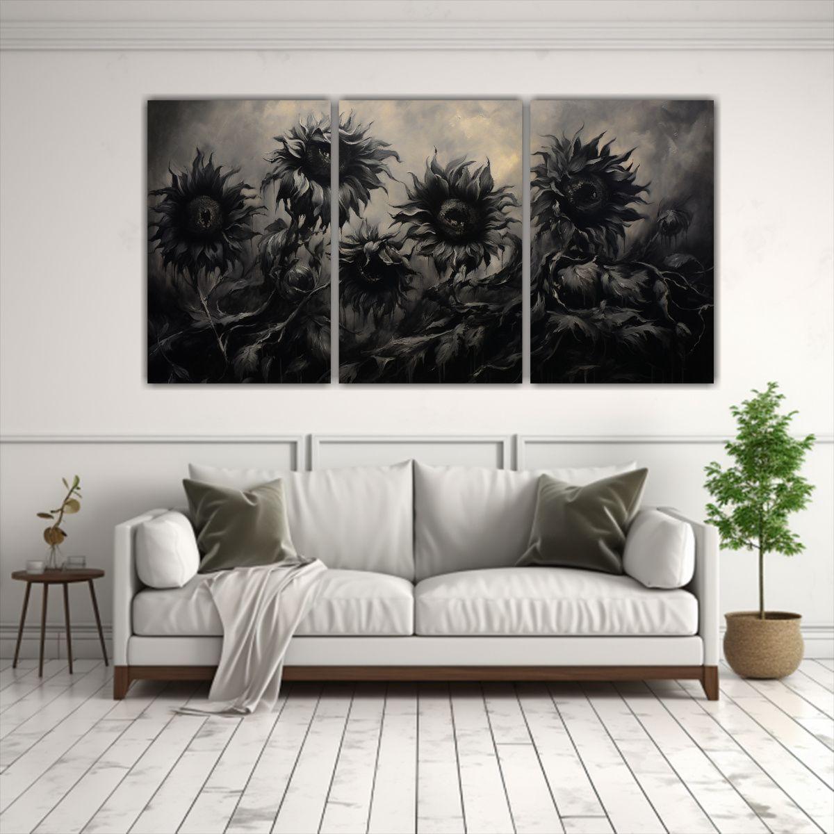 Tres Lienzos De Tema Visual: Pintura De Girasoles 120x60 Cm-2