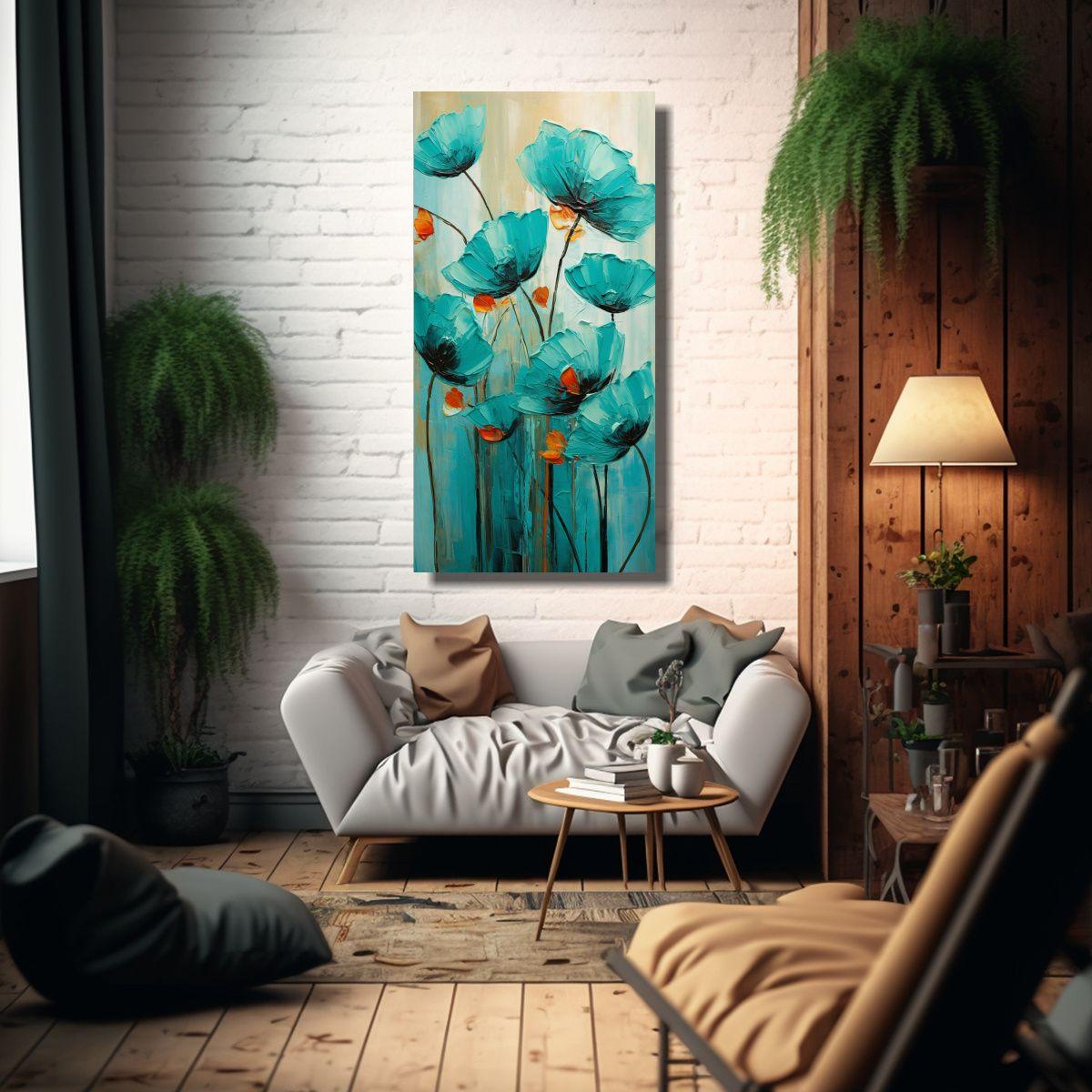Pintura Turquesa De AMAPOLAS En Lienzo, Estilo 80x160cm-2