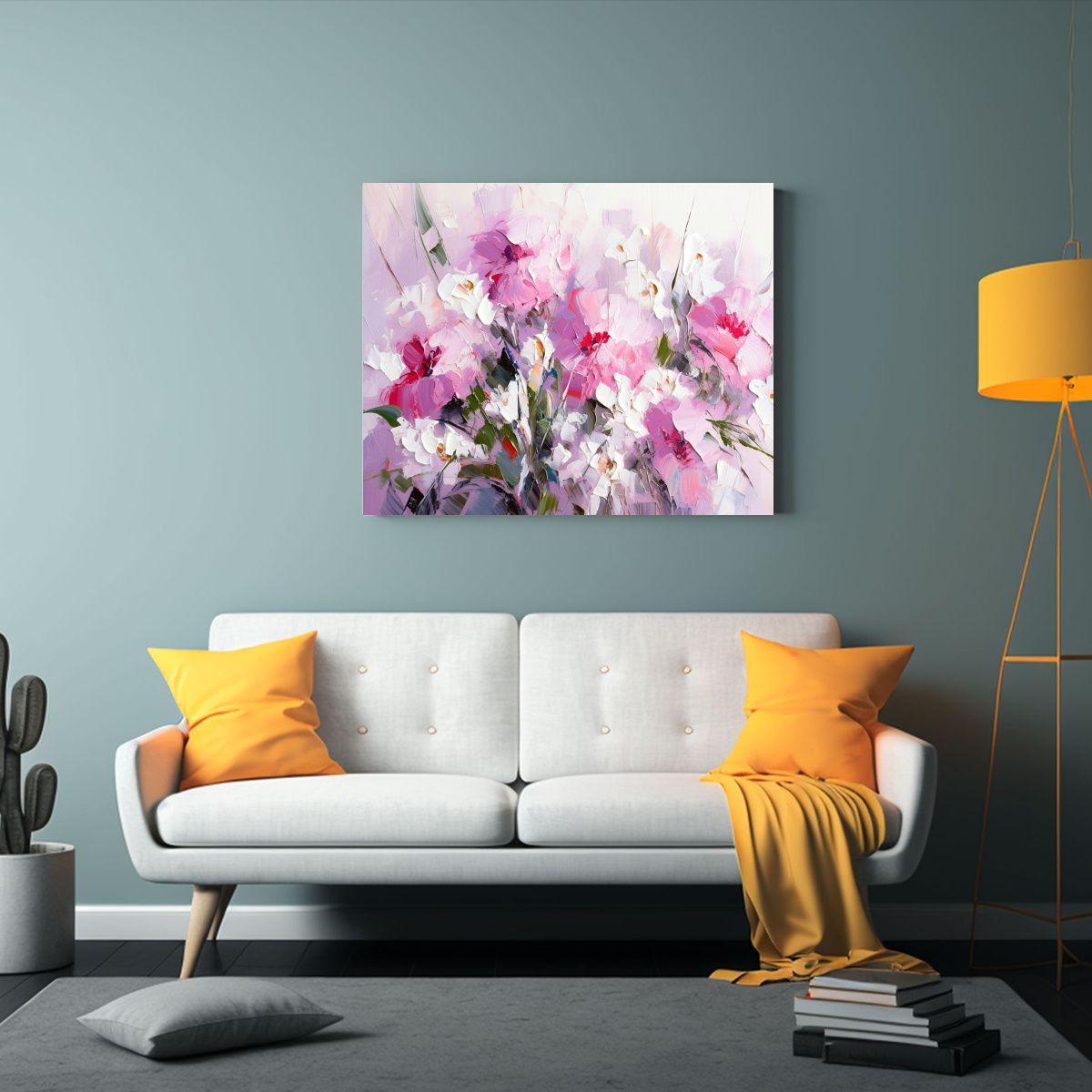 Pintura De Flores Blancas Y Magentas En Lienzo Para Decoraci 90x60cm-2