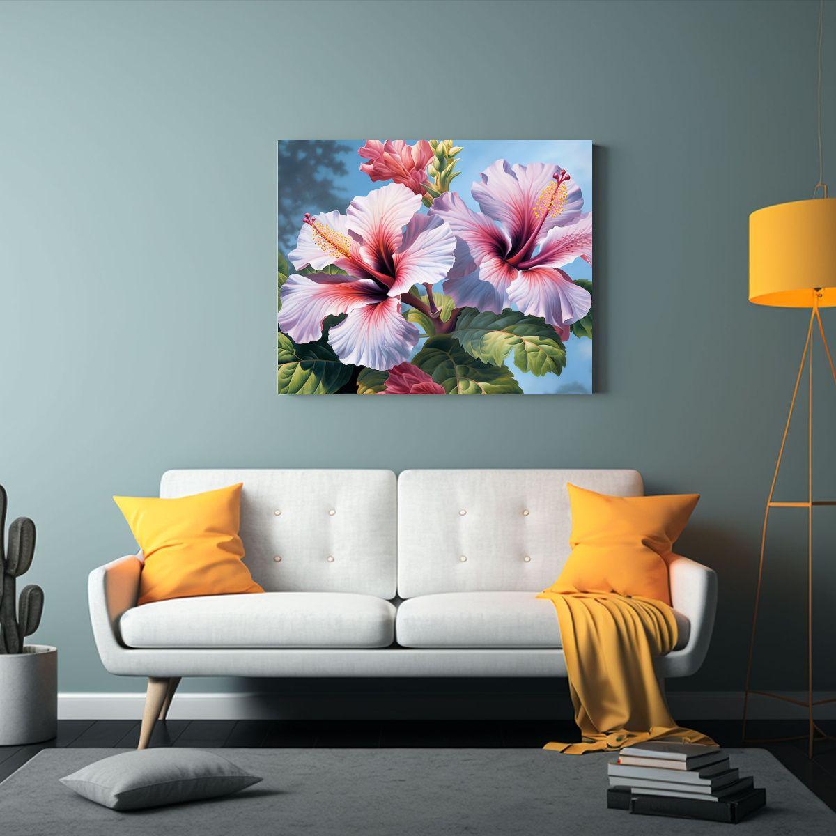 Cuadro Cuadro Mural Hibiscos Hiperrealistas En Jardín De Fl 75x50cm-2