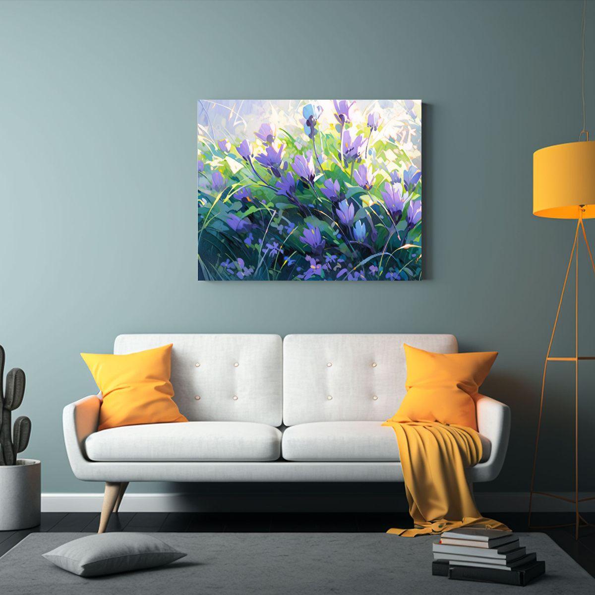 Pintura En Lienzo De Flores Verdes Y Moradas En Composición 75x50cm-2