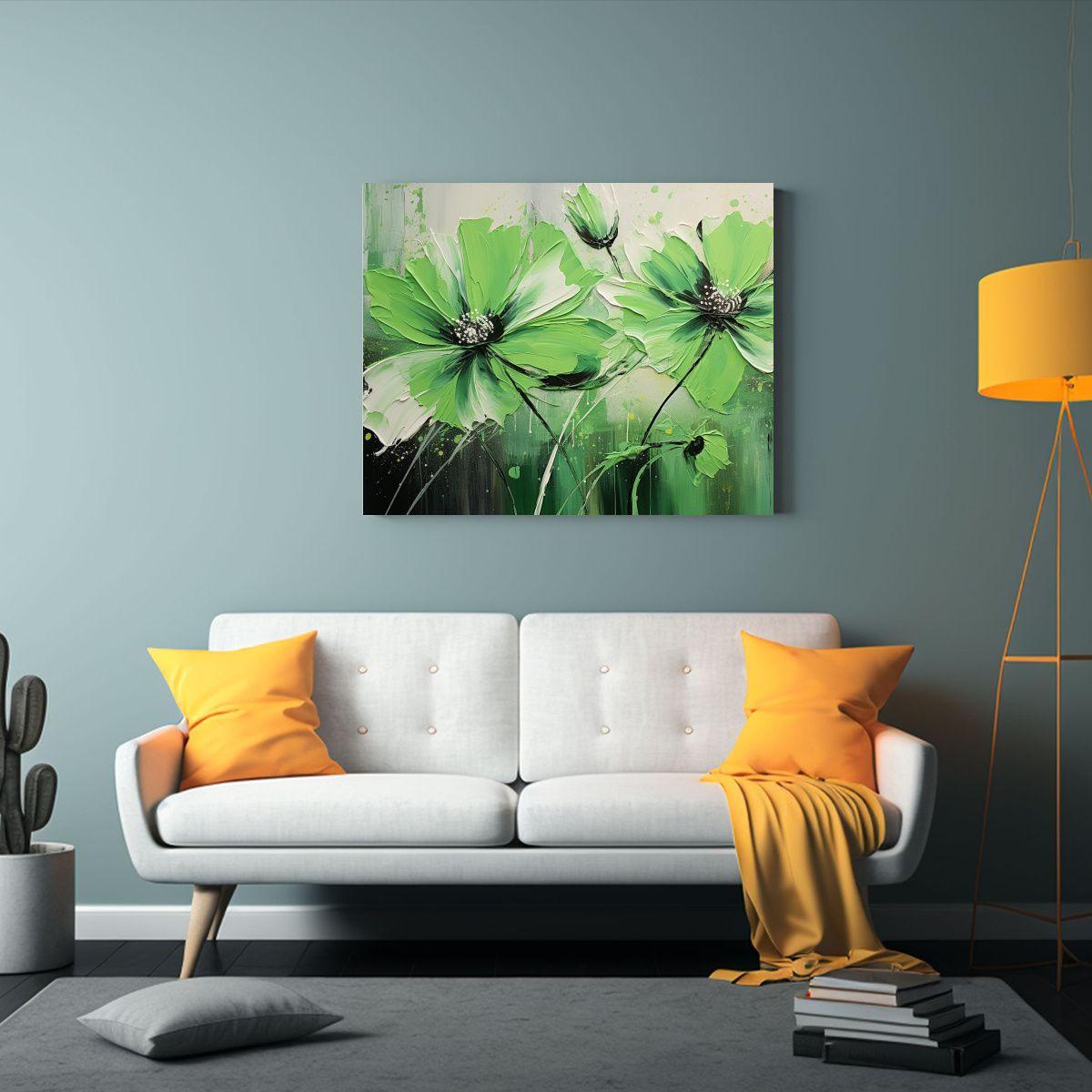 Cuadro Decorativo Salon Flores Verde Y Negro En Lienzo. 90x60cm-2