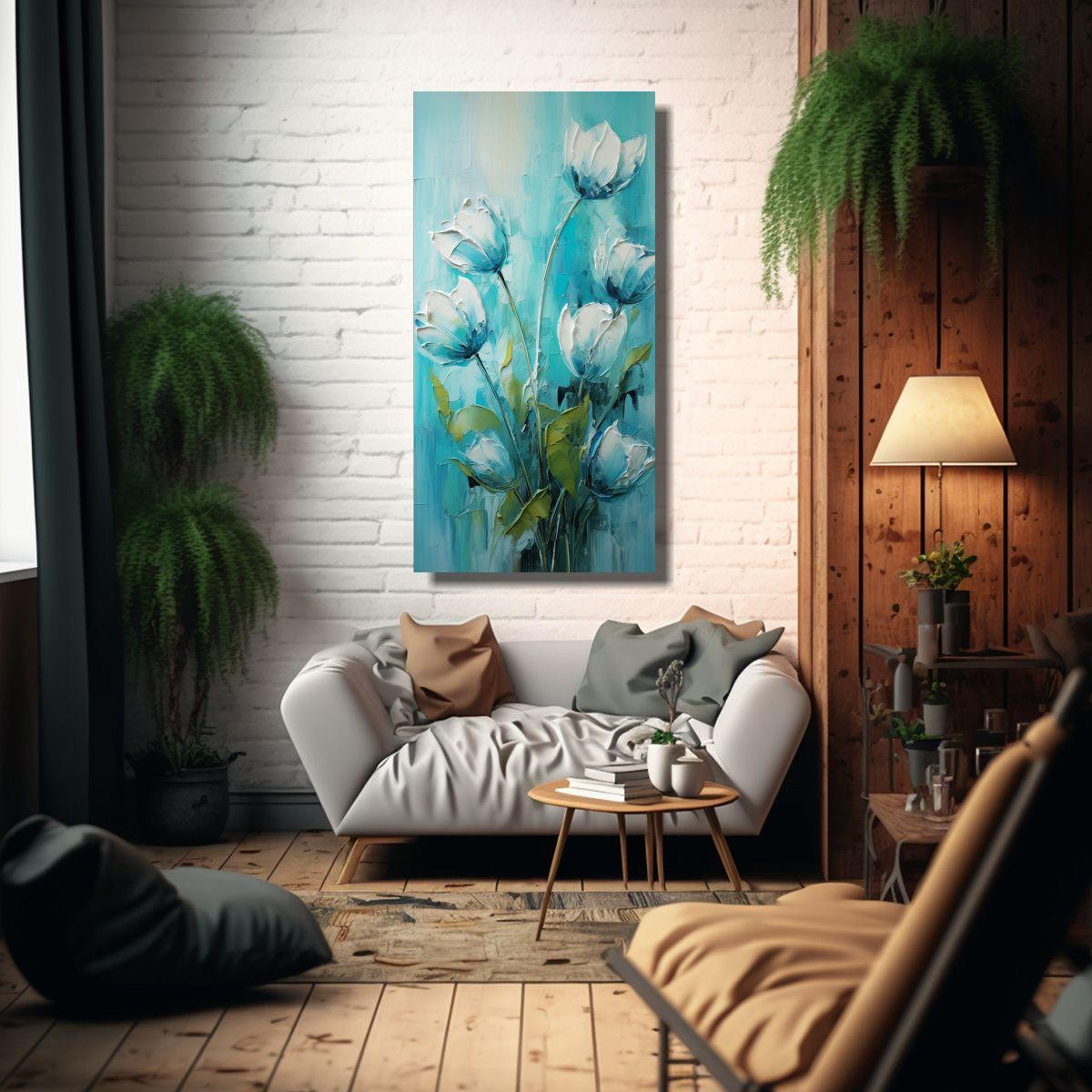 Pintura En Lienzo De Tulipanes Turquesa 60x120cm-2