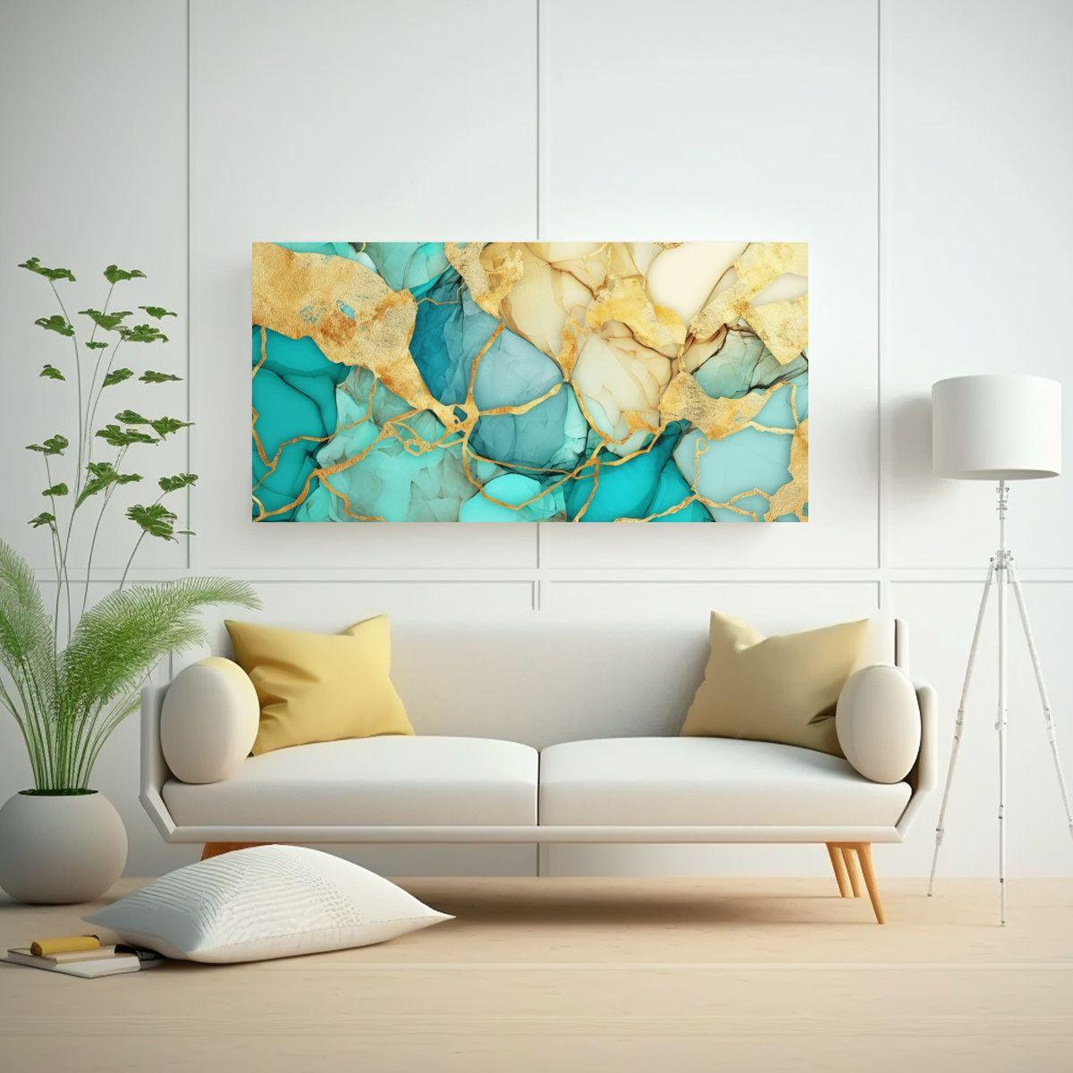 Cuadro Abstracto En Tonos Turquesa Y Dorado: 140x70cm-2