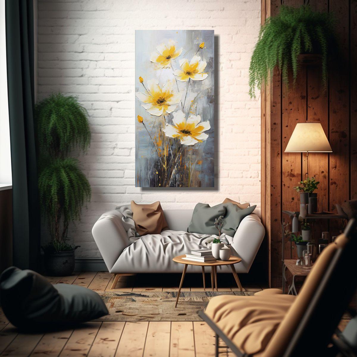 Pintura En Bastidor Amarillo Y Plateado De 30x60cm-2