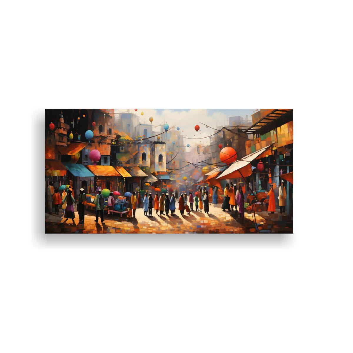 Pintura Decorativa Mercado Animado En Arte 80x40cm-0
