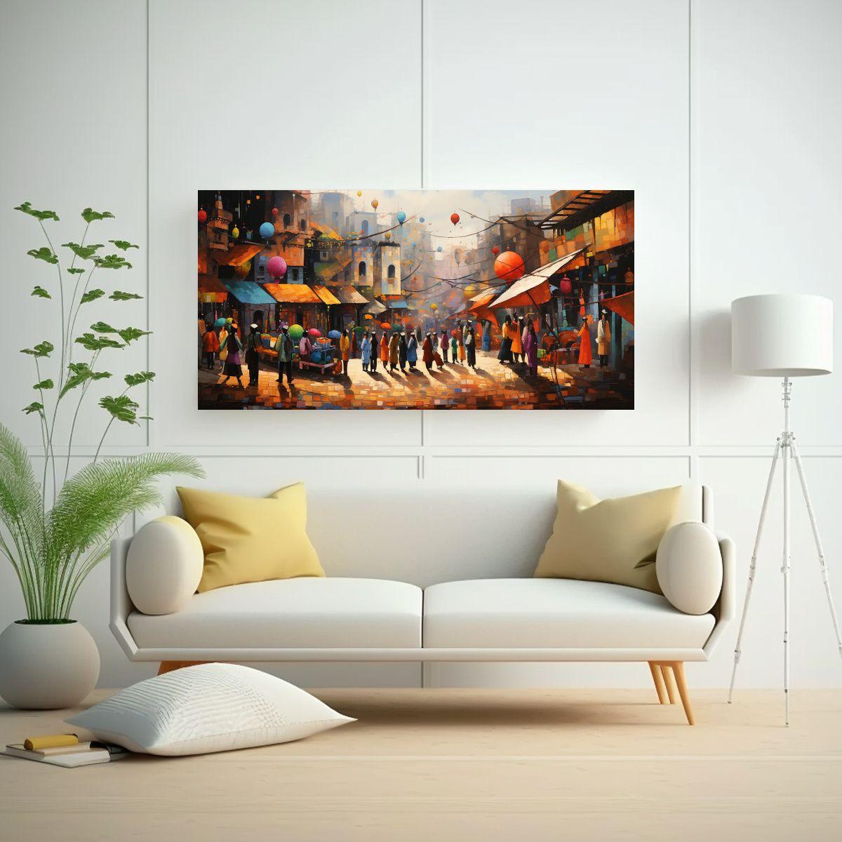 Pintura Decorativa Mercado Animado En Arte 80x40cm-2