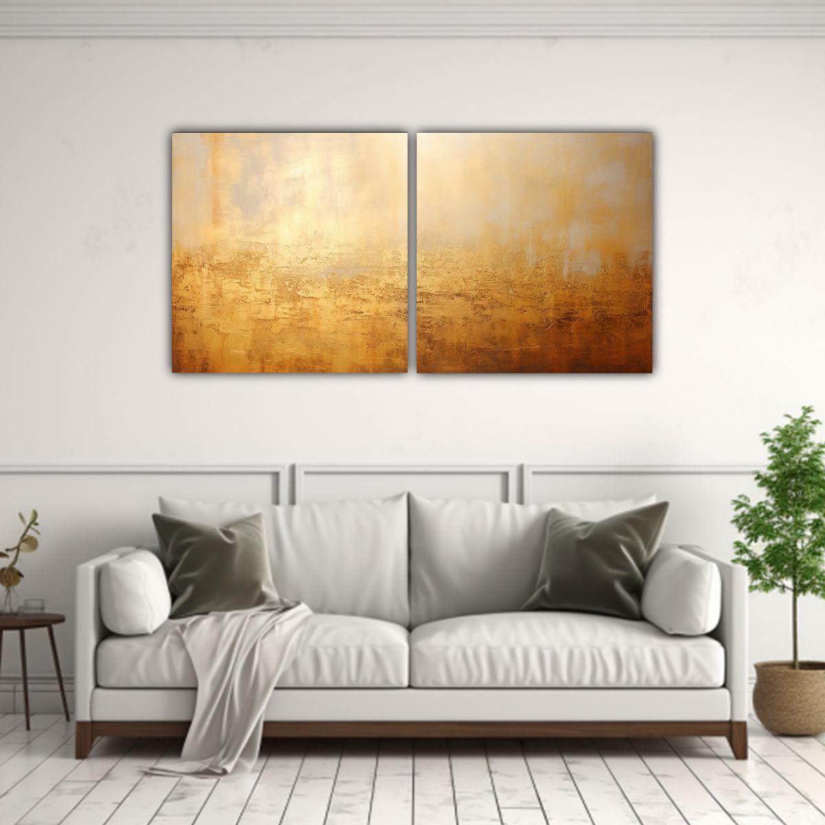 Cuadro Abstracto Dorado En Dos Lienzos De Tela 160x80 Cm-2