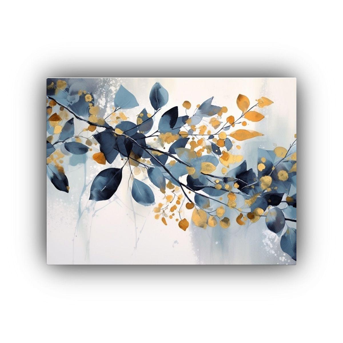 Lienzo De Tela Con Acuarela De Hojas En Tonos Azules Para De 75x50cm-0