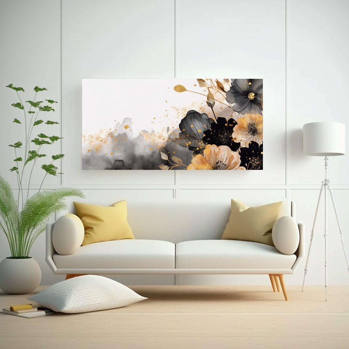 Cuadros Florales Acuarela Lujo En Negro Y Dorado. 60x30cm-2