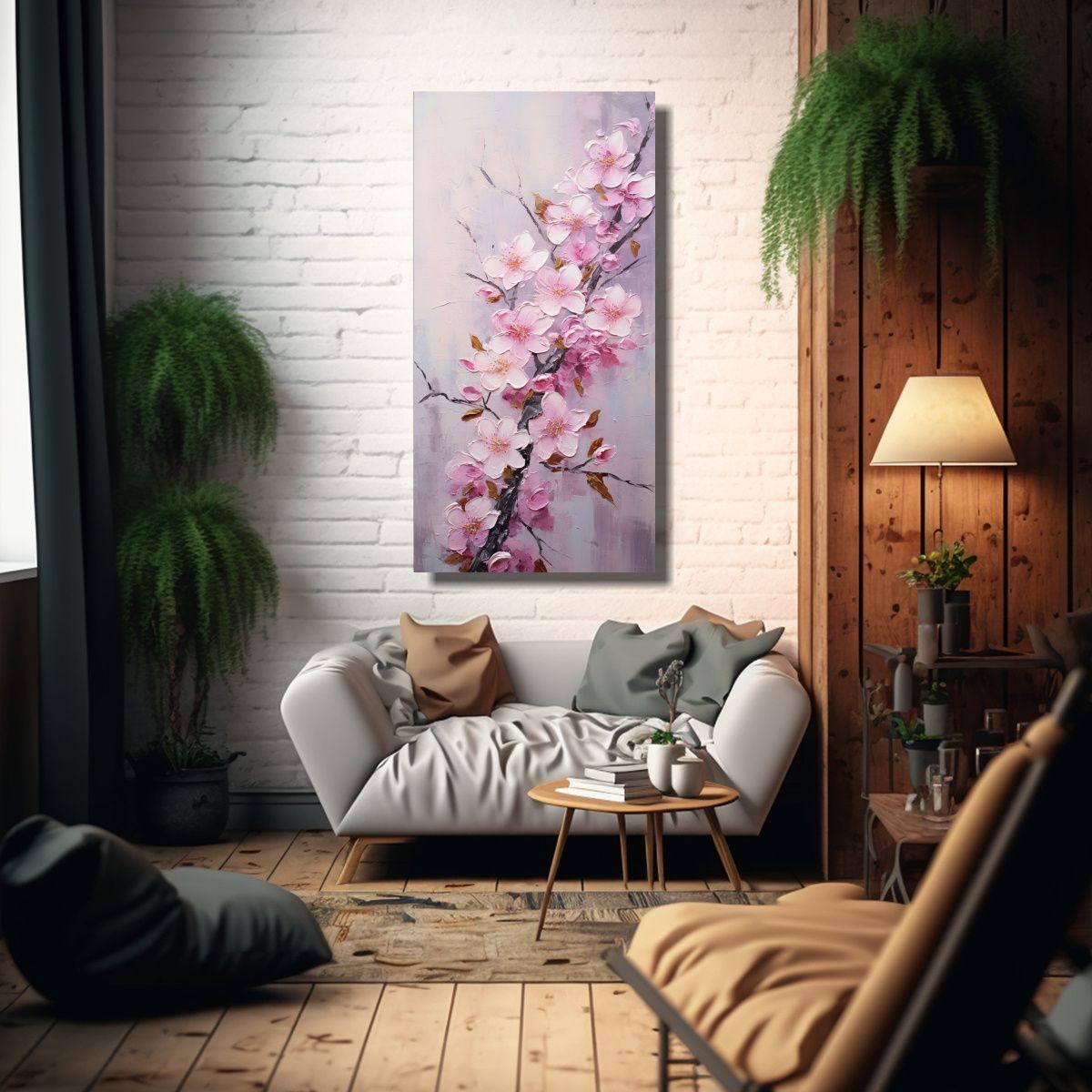 Ilustración Lienzo Tela Sakura Rosado Arte Pared 20x40cm-2