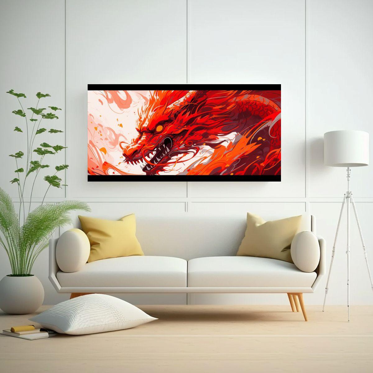 Cuadro: Dragón En Rojo Y Naranja, Líneas Finas.  60x30cm-2