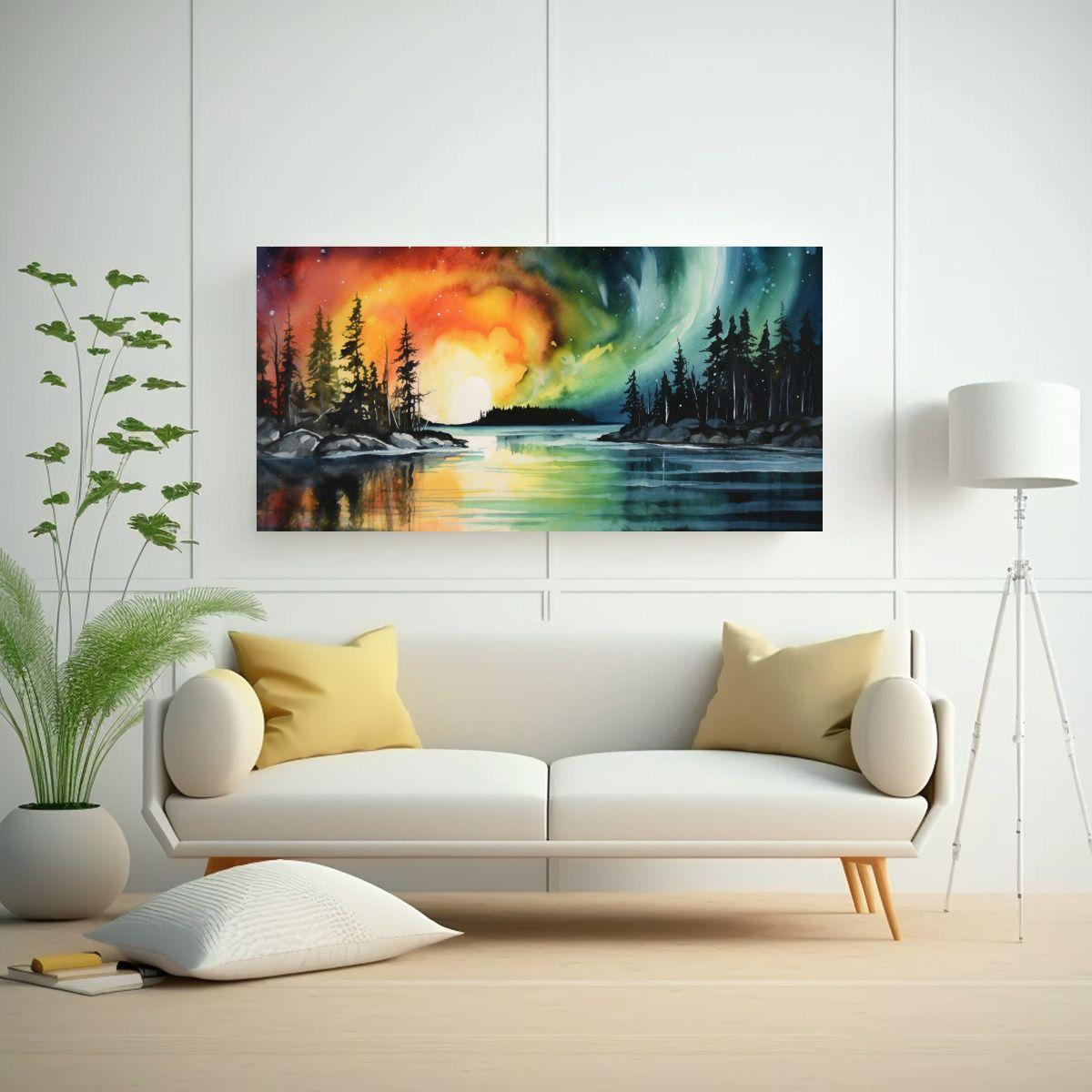 Pintura Decorativa Estilo Acuarela Aurora Boreal 100x50 Cm-2