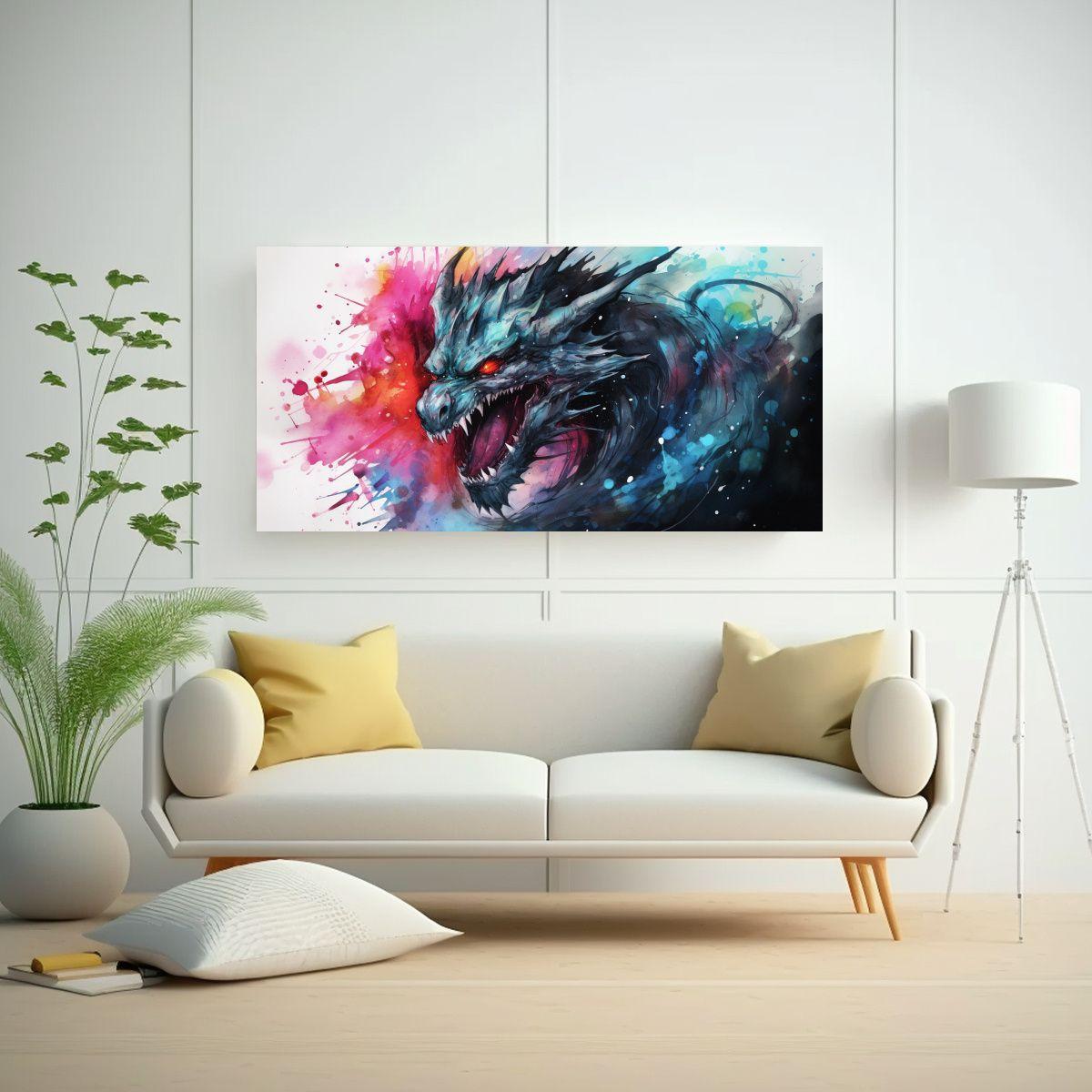 Pintura Dragón Agua Acuarelas Y Negros Atmosfera 140x70 Cm-2