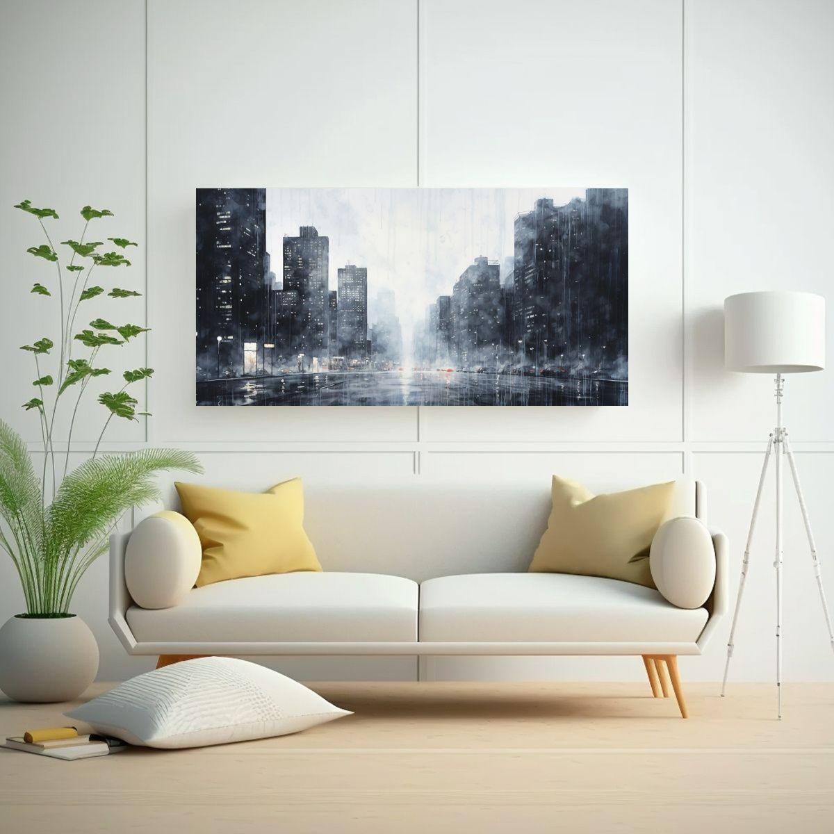 Cuadro De Ciudad Acuarela Brillante Con Escena 80x40cm-2