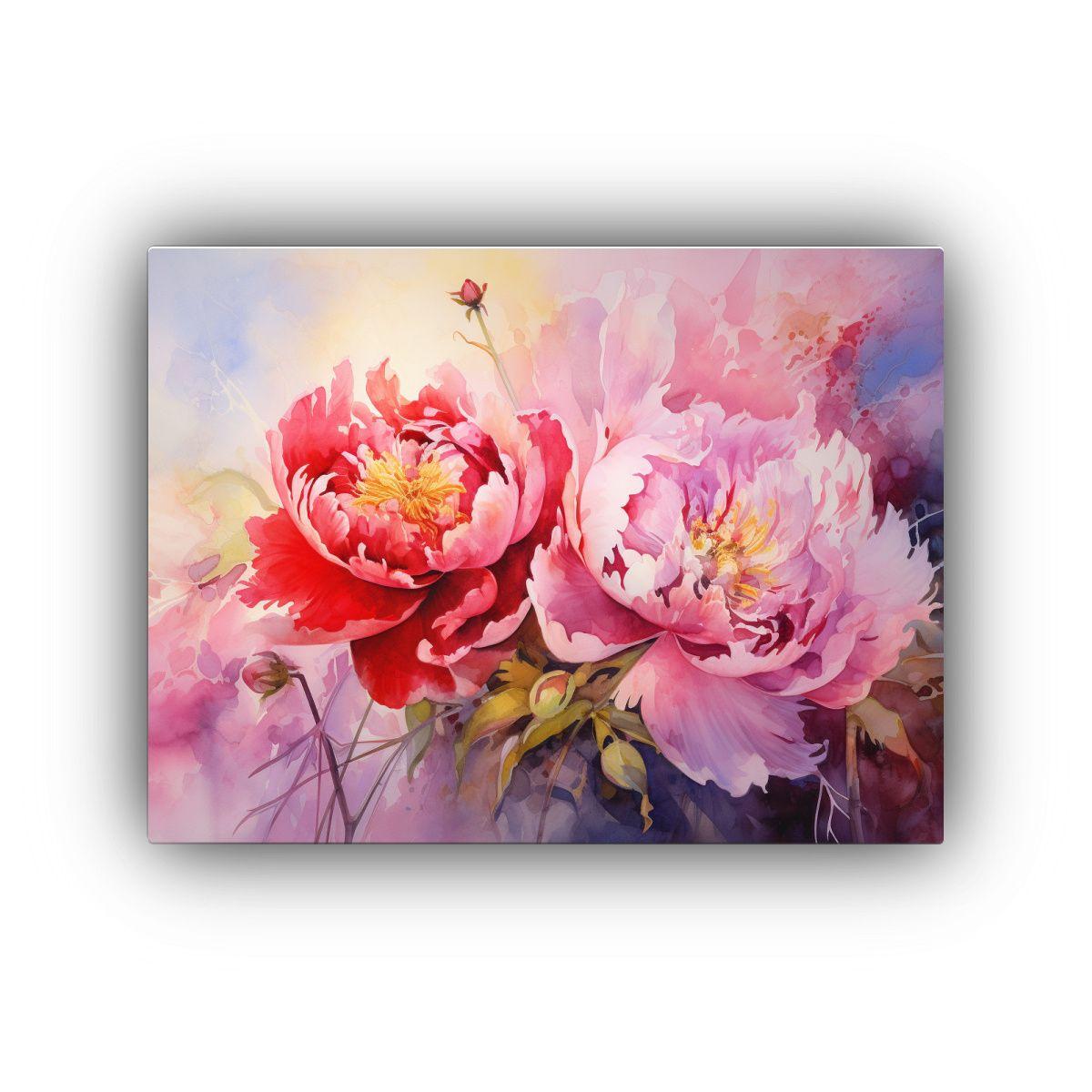 Pintura Abstracta De Peonías Rojas Y Rosadas En Tela Vangua 40x30cm-0