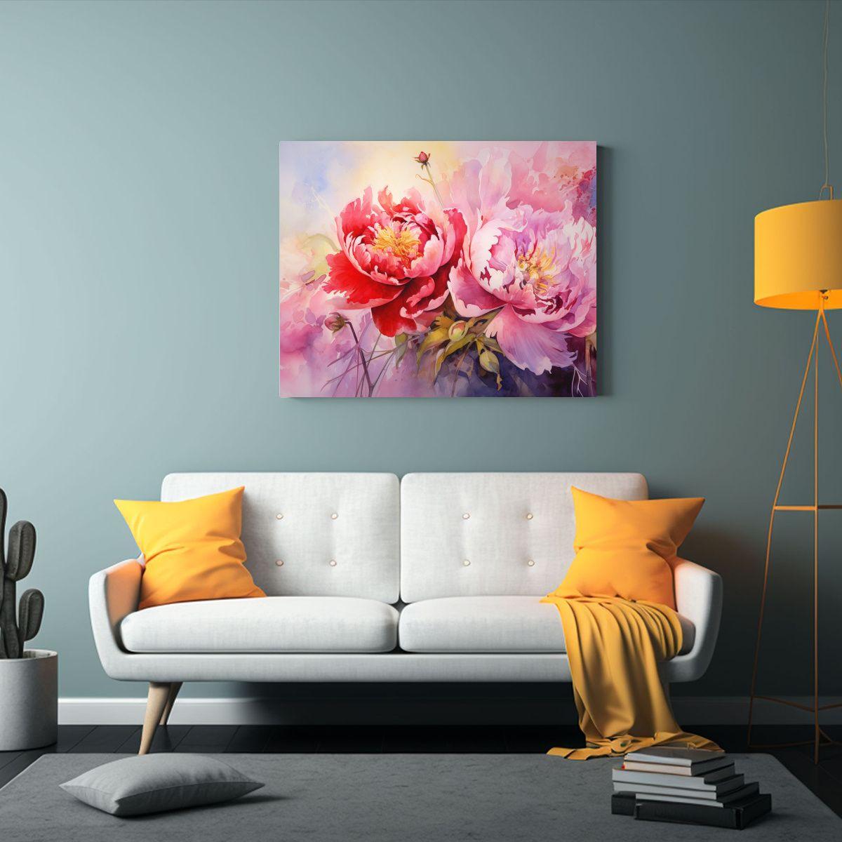 Pintura Abstracta De Peonías Rojas Y Rosadas En Tela Vangua 40x30cm-2