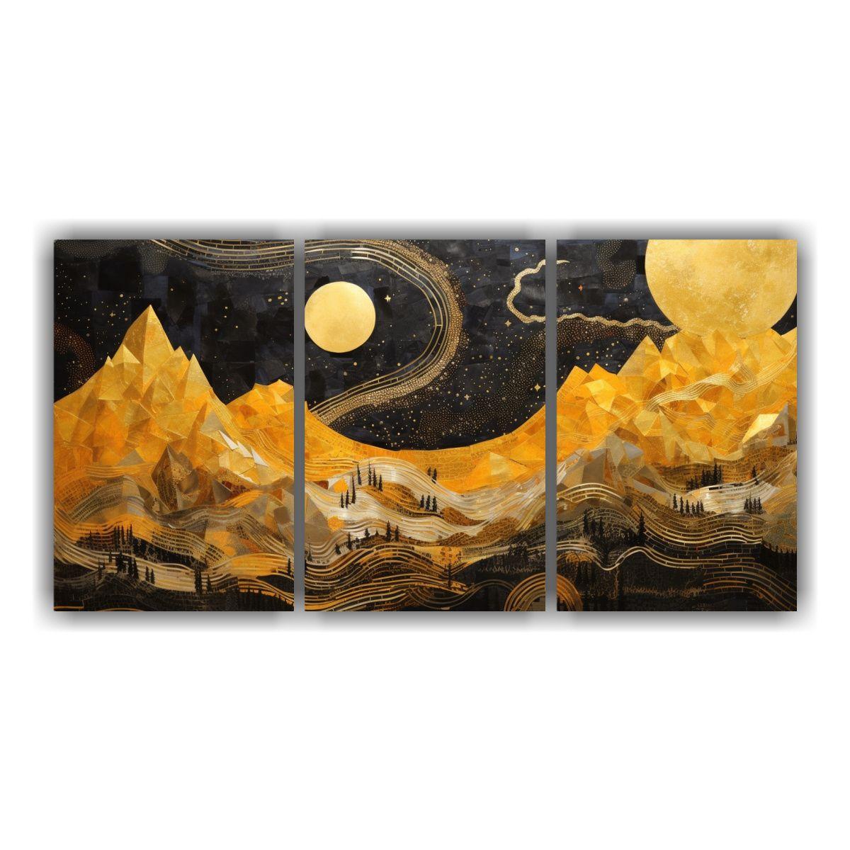 Cuadro Tríptico Montañas Y Luna En Abstracción 150x75 Cm-0