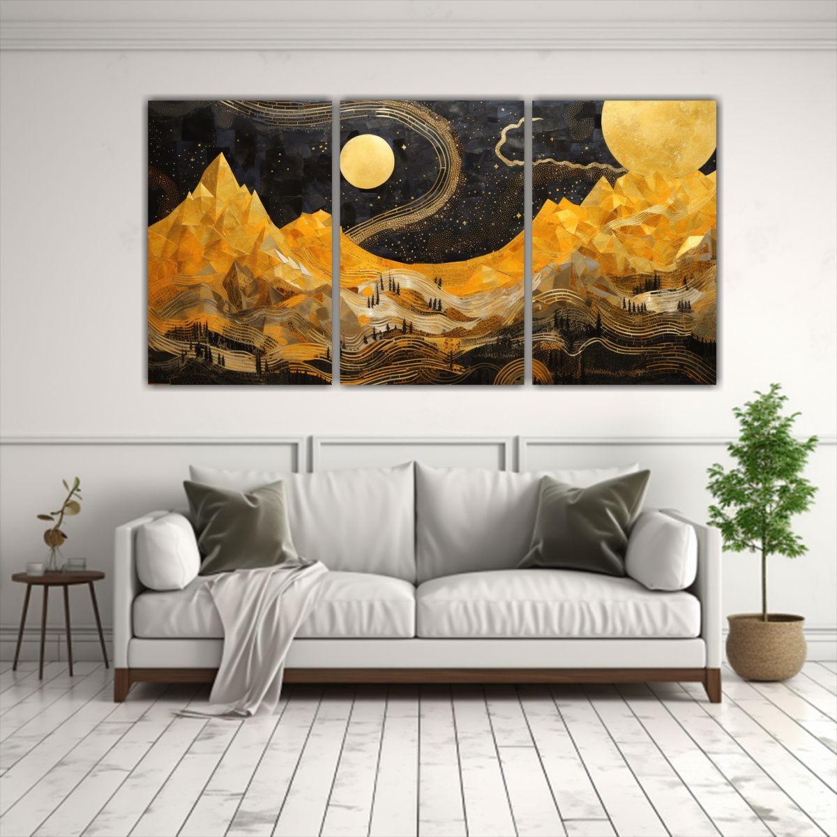Cuadro Tríptico Montañas Y Luna En Abstracción 150x75 Cm-2
