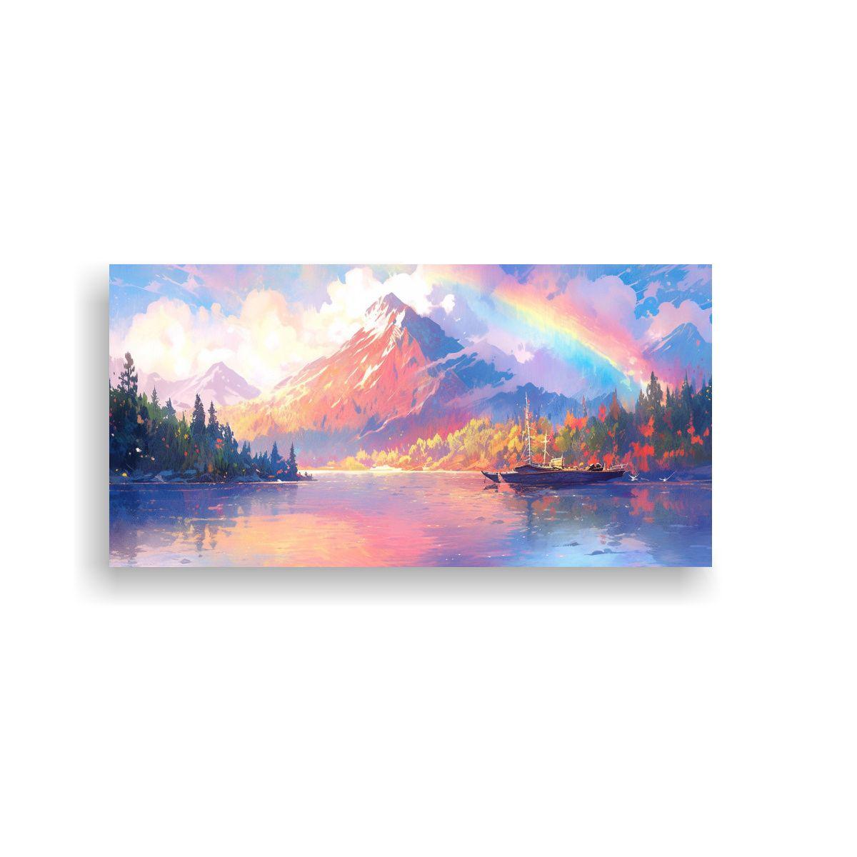 Pintura De Paisaje Montañoso Con Arcoíris Y Colo 40x20cm-0