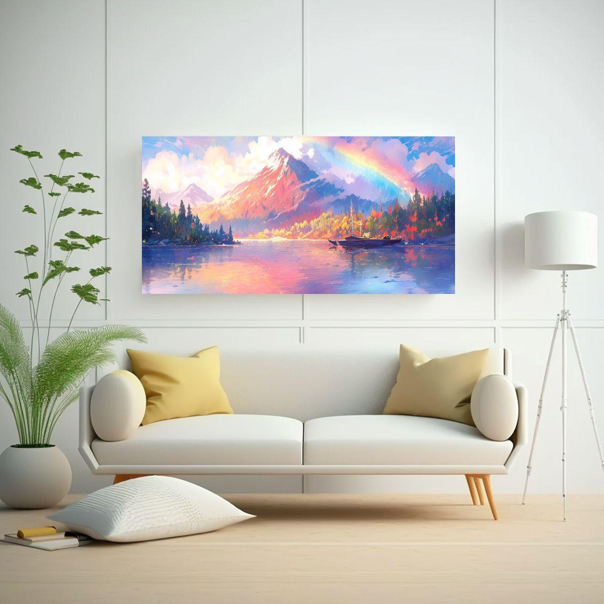 Pintura De Paisaje Montañoso Con Arcoíris Y Colo 40x20cm-2