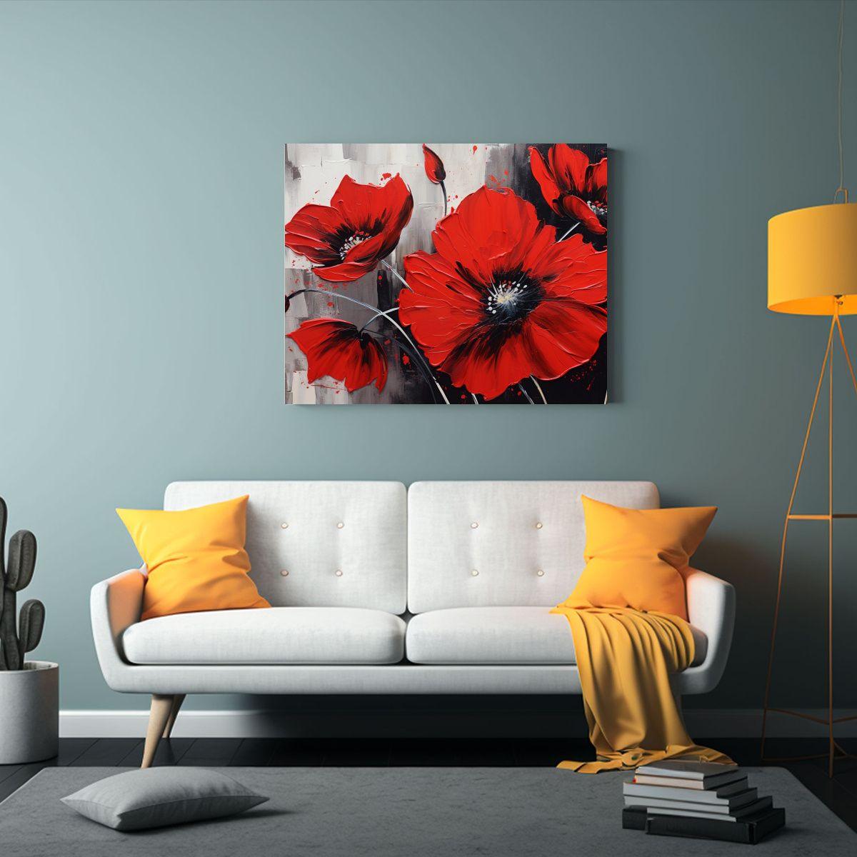 Cuadro Floral En Lienzo: Pintura De Flores Rojas Y Negras En 120x80cm-2