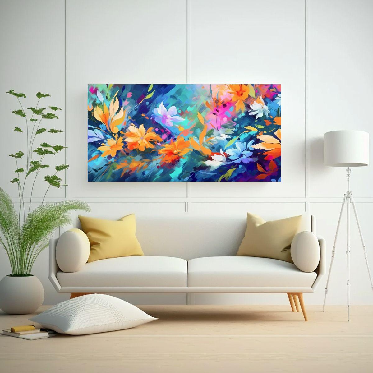 Pintura Abstracta Multicolor Con Flores Y Hojas 60x30cm-2