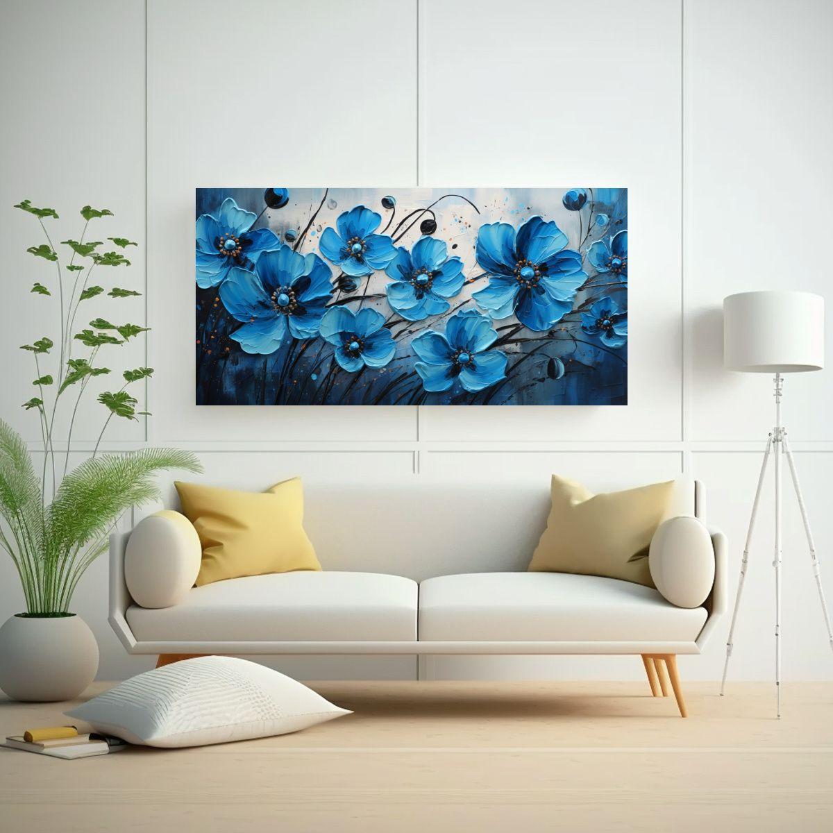 1 Cuadro Concepto Relieve: Flores En Negro Y Azul 120x60 Cm-2