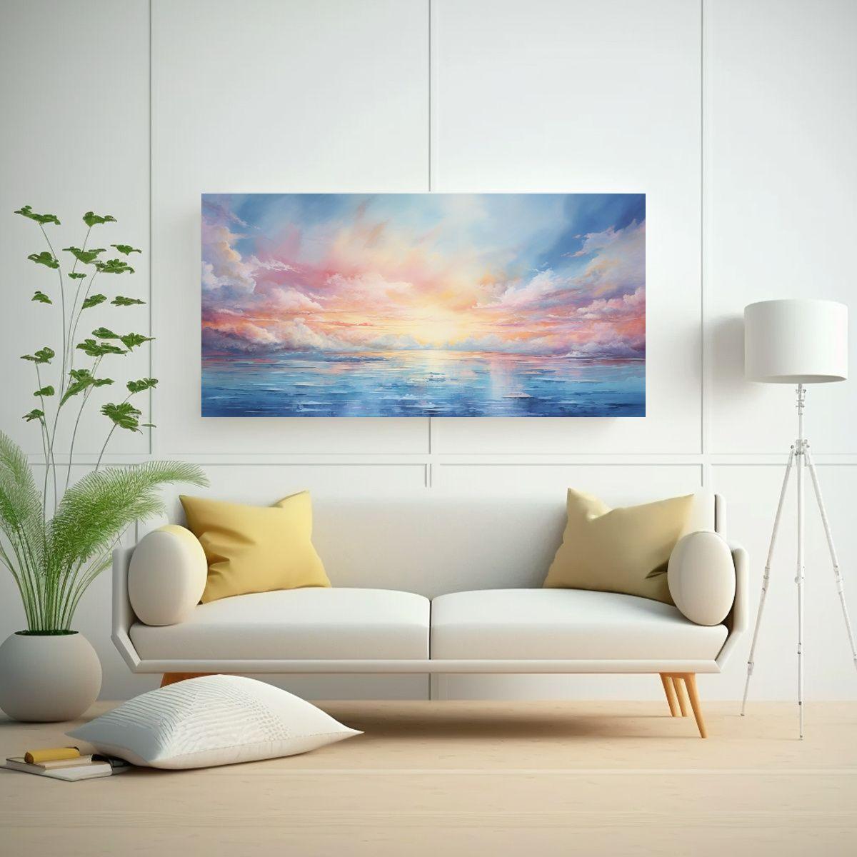 Pintura Abstracta De Mar Y Cielo Con Acuarelas: 80x40cm-2