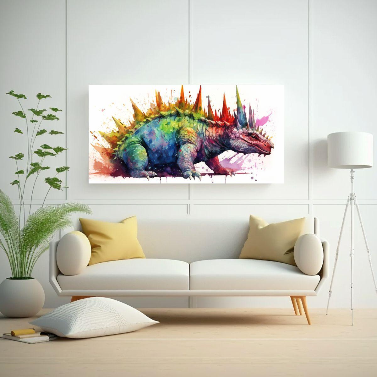 Pintura En Acuarela Colorida Inspirada En Stegosau 60x30cm-2