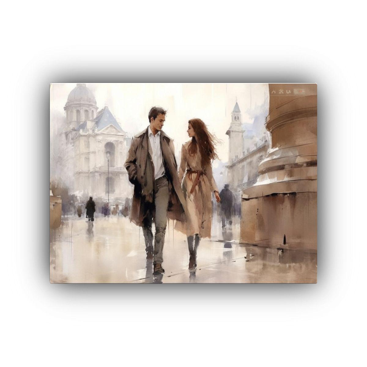 Pareja Elegante Paseando Por Las Calles De París, Acuarela  90x60cm-0