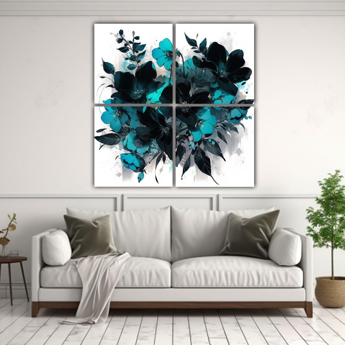 Cuatro Lienzos Turquesa Y Negro Estilo Neonoir De 40x40 Cm-2