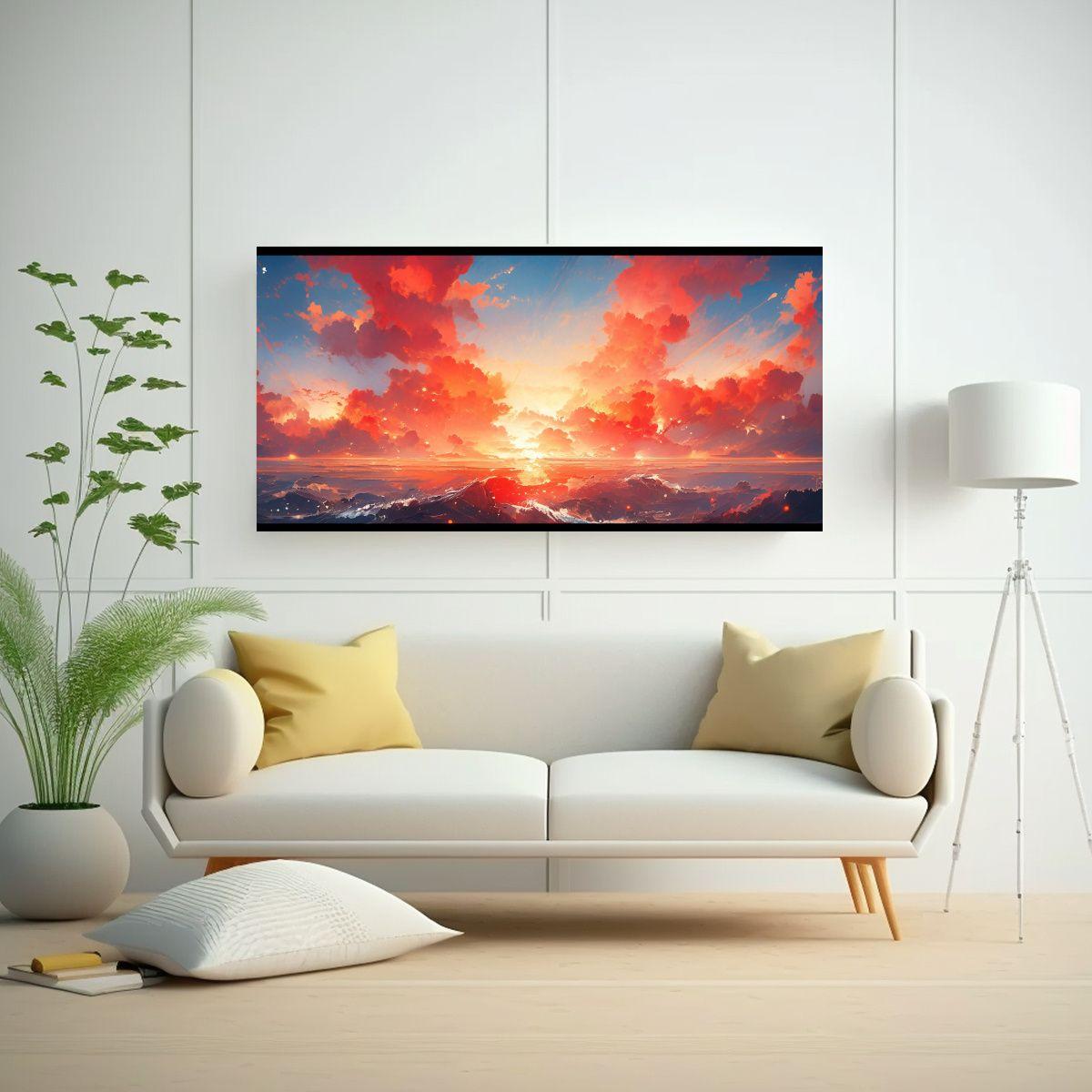 Pintura Abstracta De Cielo Y Mar En Colores Rojos 80x40cm-2