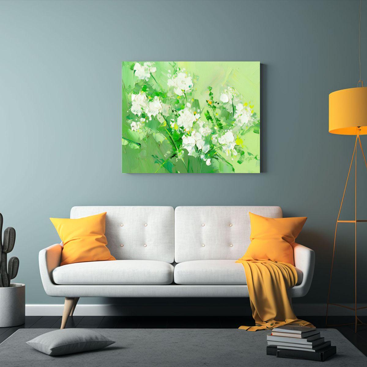 Pintura Floral Juvenil En Lienzo Estilo Verde Hermoso. 90x60cm-2