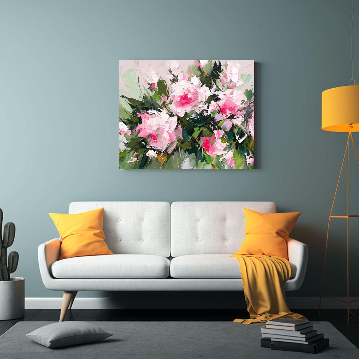Cuadro De Flores En Lienzo Verde Y Rosa Para Decoración De  40x30cm-2