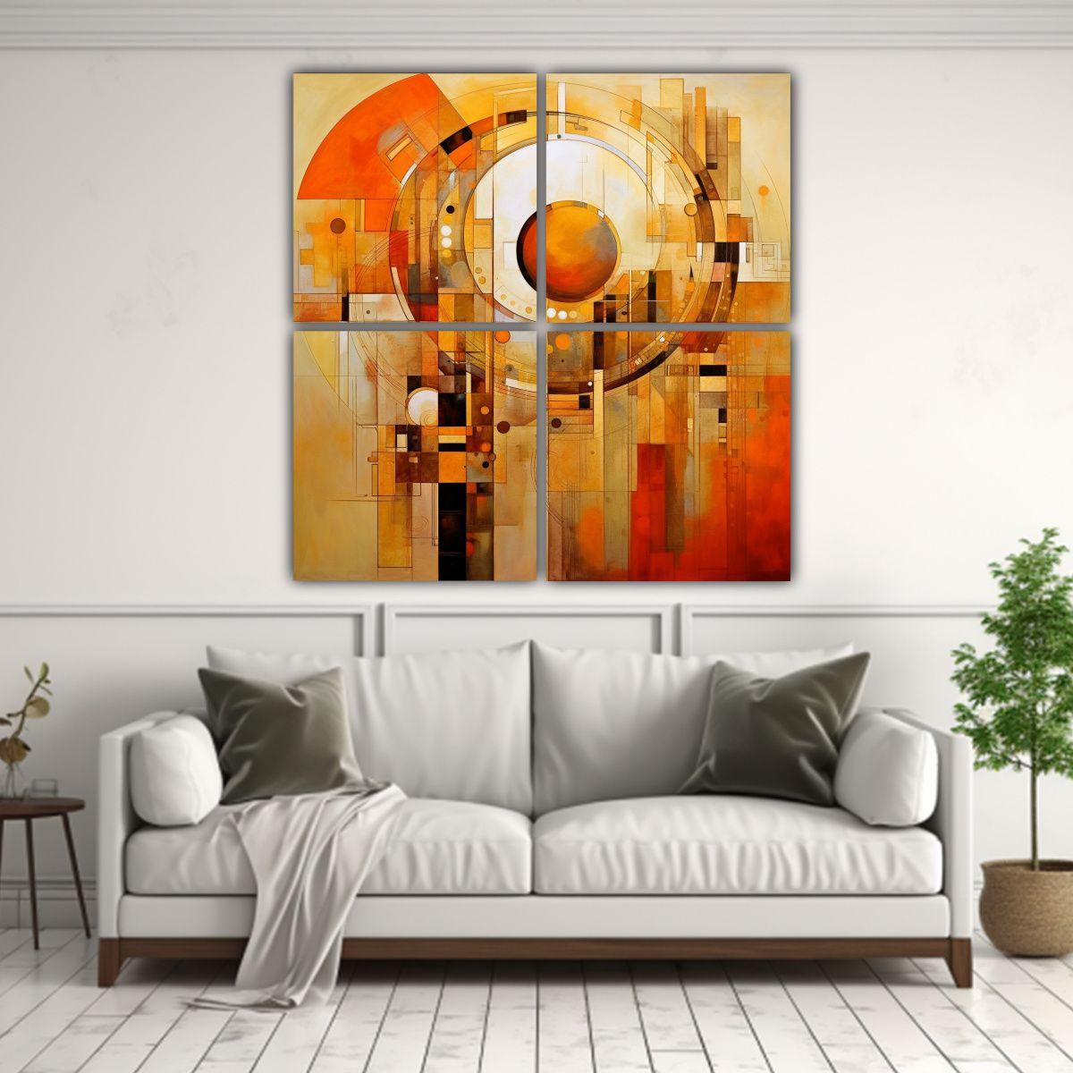 Pintura Moderna De Naranja Y Cuadros Y Círculos 60x60 Cm-2
