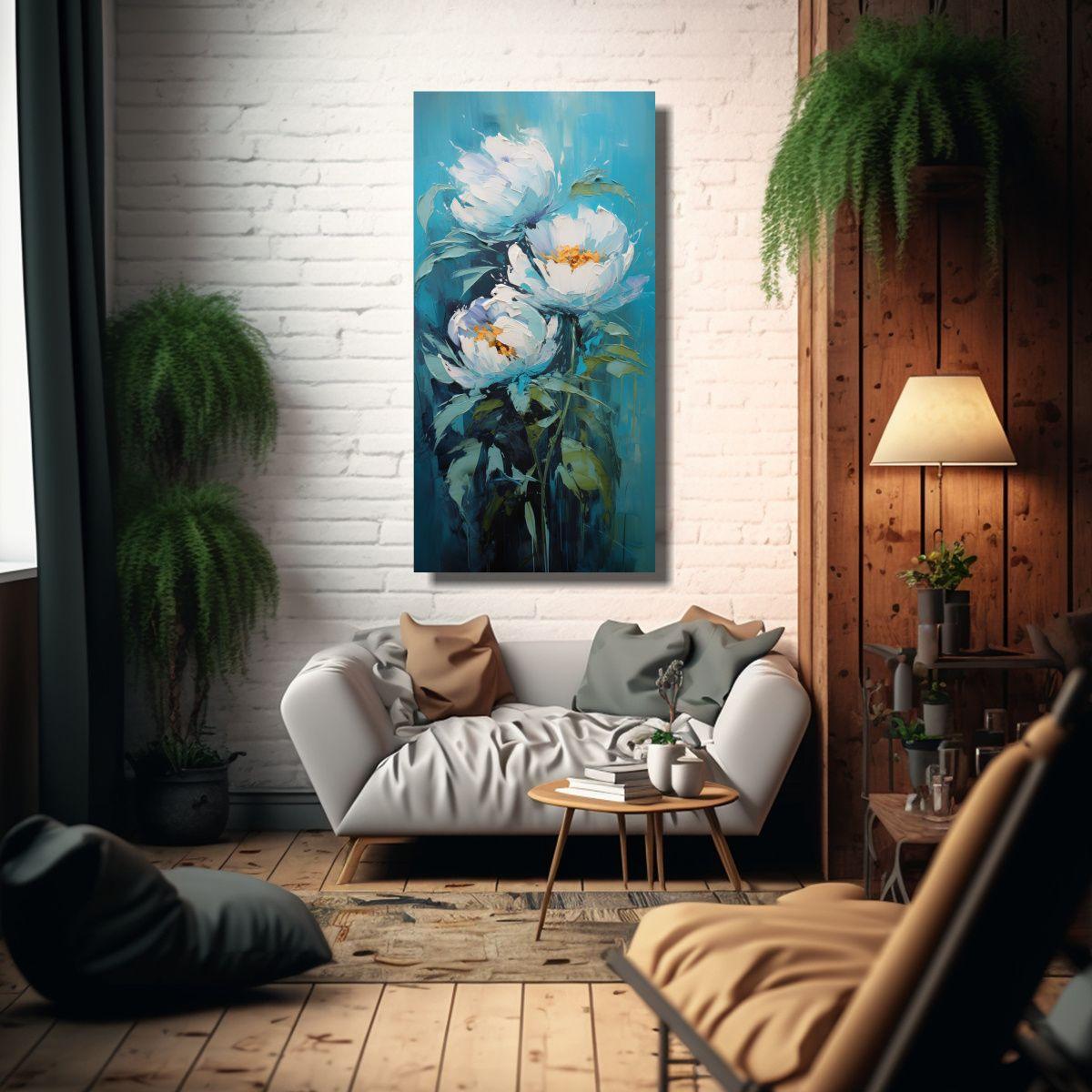 Cuadro Peonías Vivas En Tonos Turquesa, Pintura 70x140cm-2