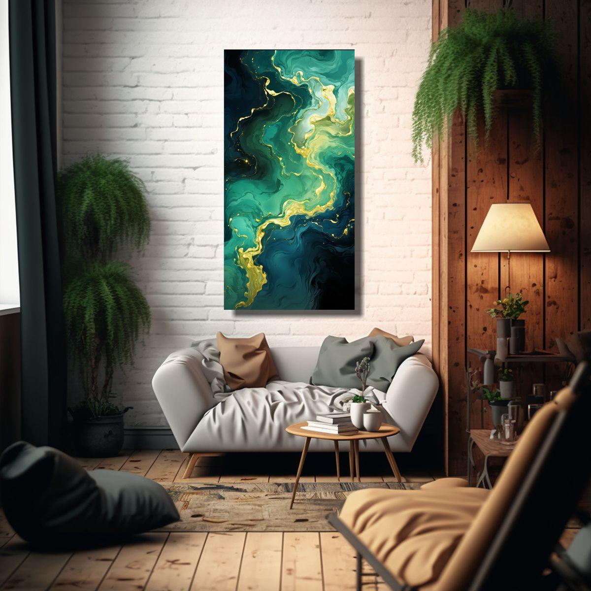 Cuadro Abstracto De Pintura Verde En Lienzo 80x160cm-2