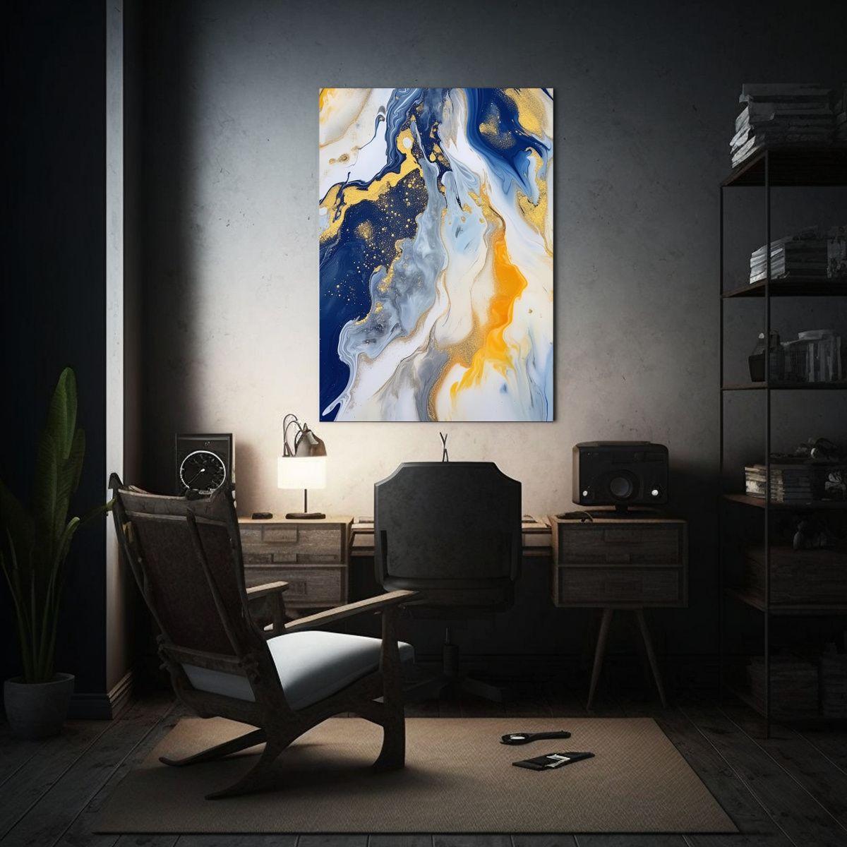 Pintura Abstracta Dorada Y Azul De Thanh Binh 60x90 Cm-2