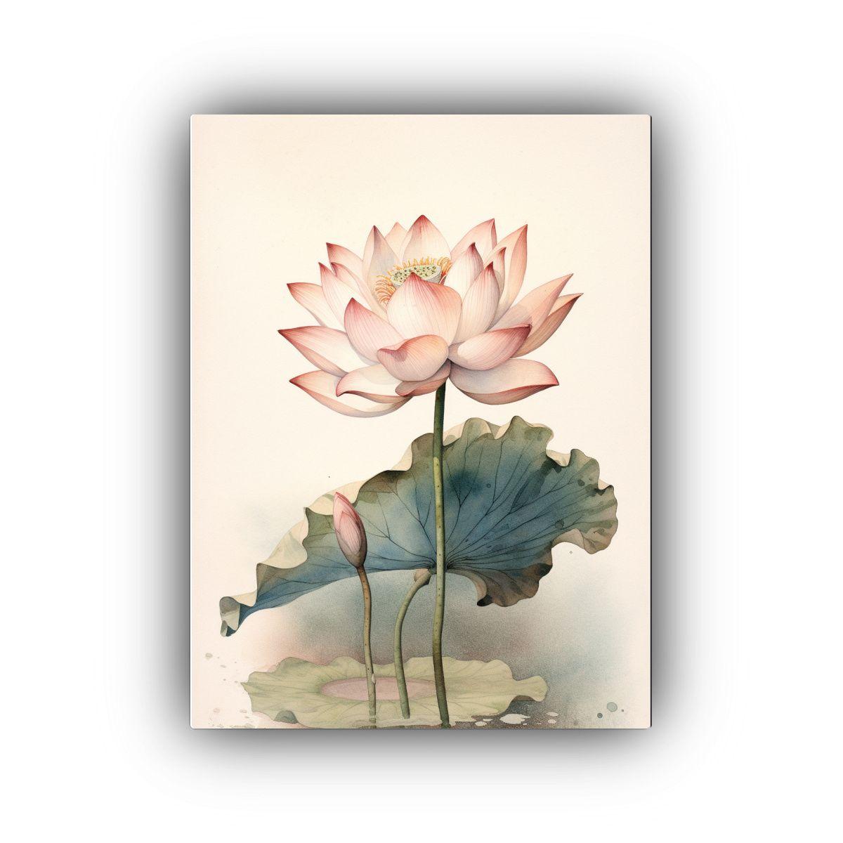 Pintura Acuarela De Loto Rosa Con Hojas De Loto: 40x50 Cm-0