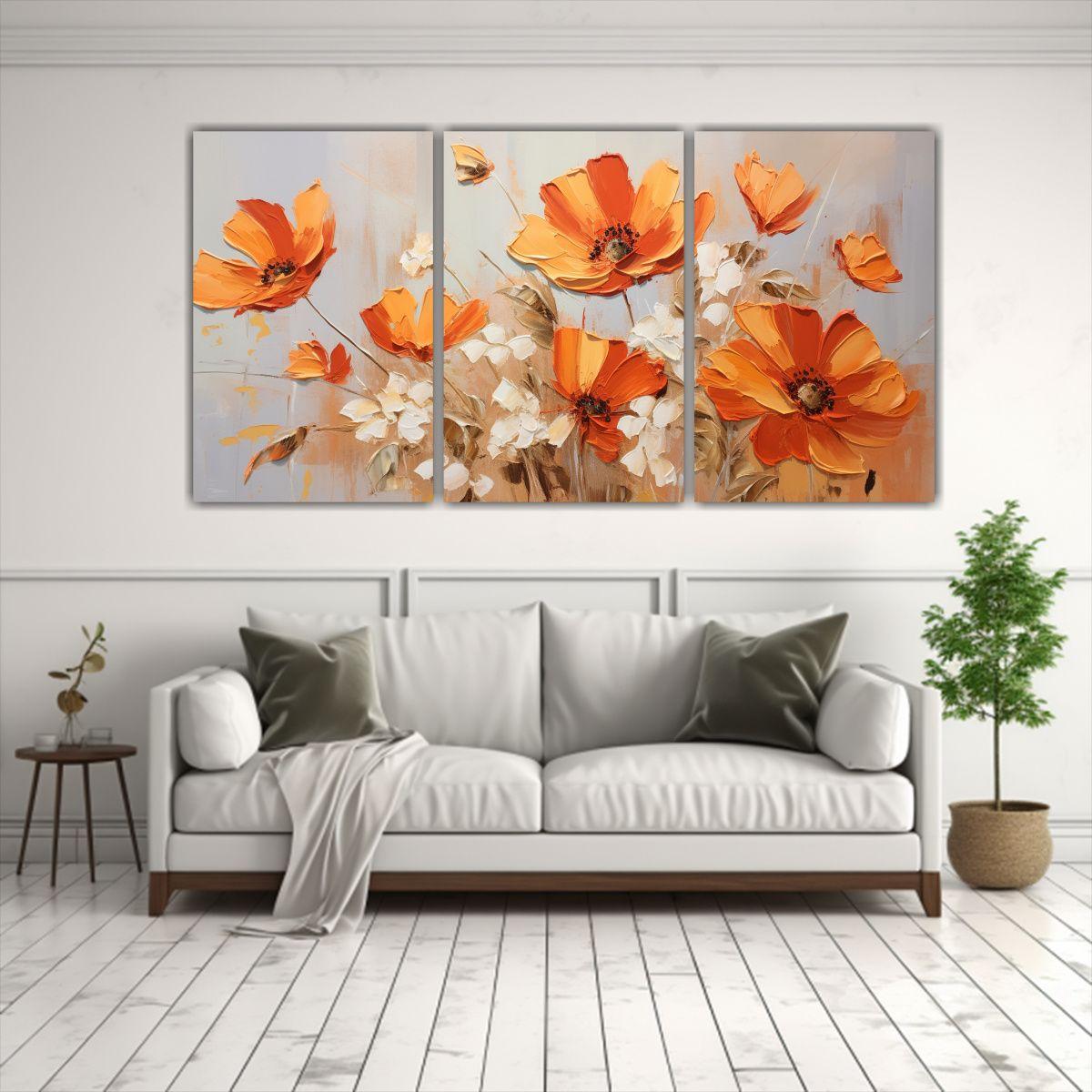 Pintura Mural De Flores En Tonos Naranja Y Dorado 120x60 Cm-2