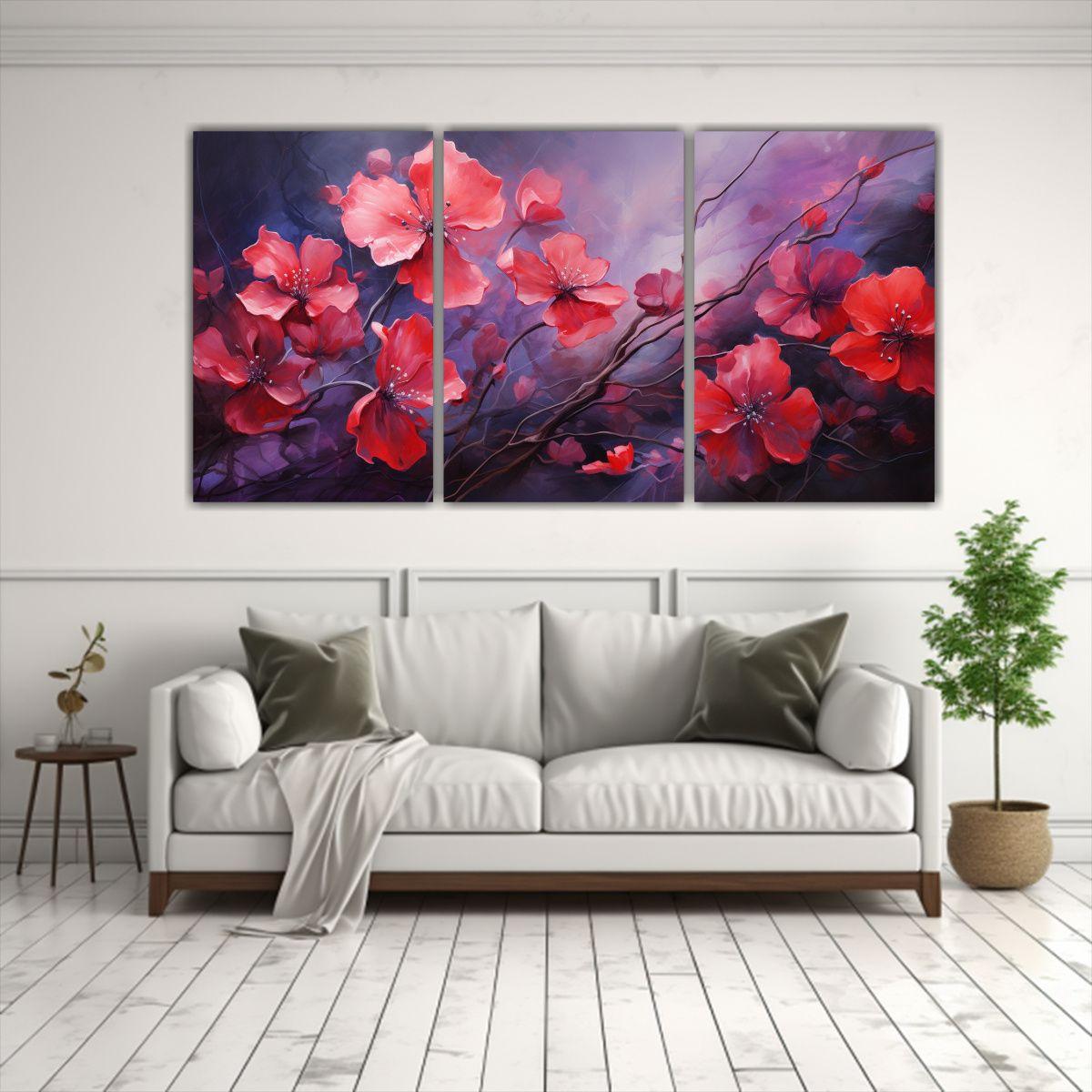 Pintura Abstracta Tríptico En Colores Rojo Y 150x75 Cm-2