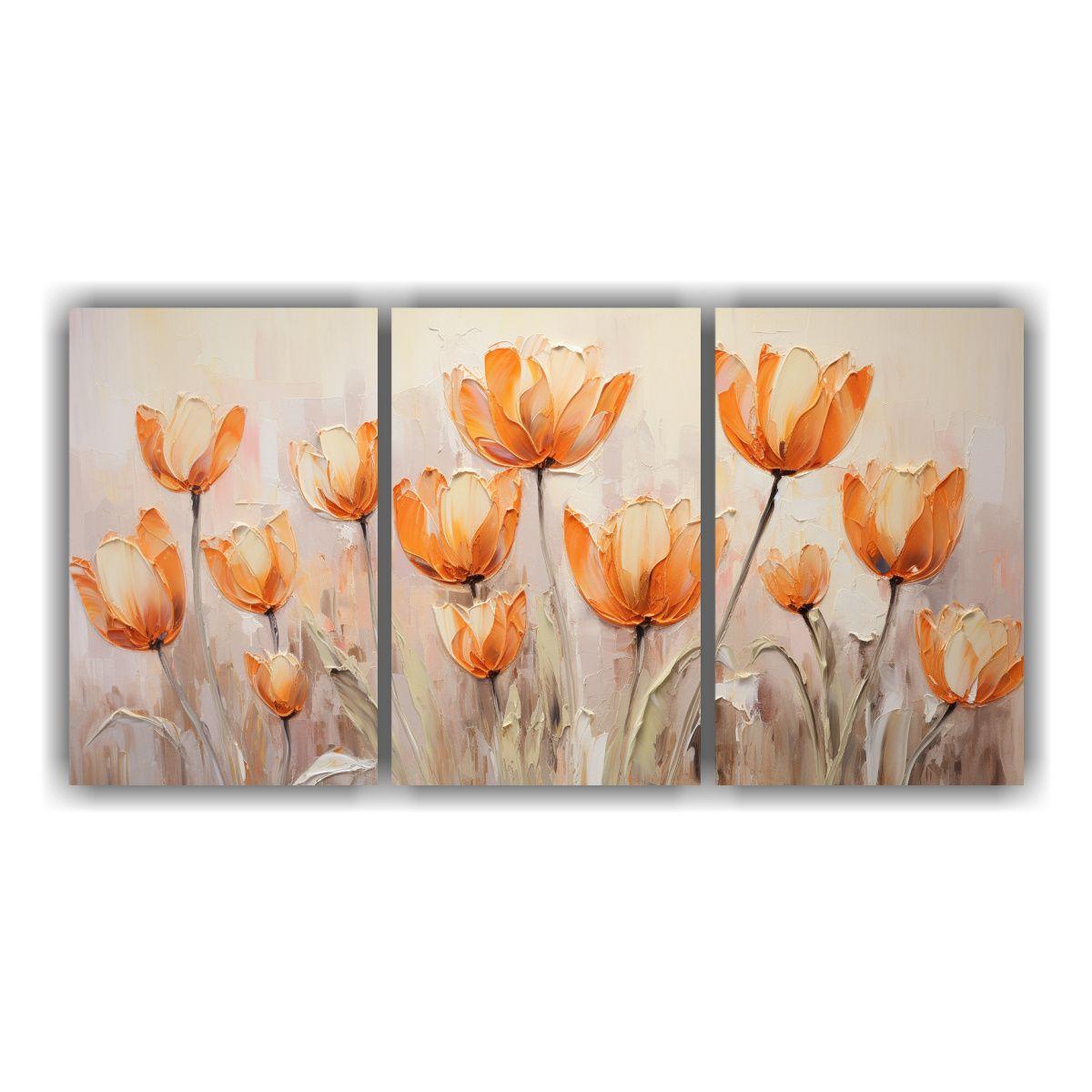 Pintura Tres Lienzos Tonos Culturar Con Tulipanes 150x75 Cm-0